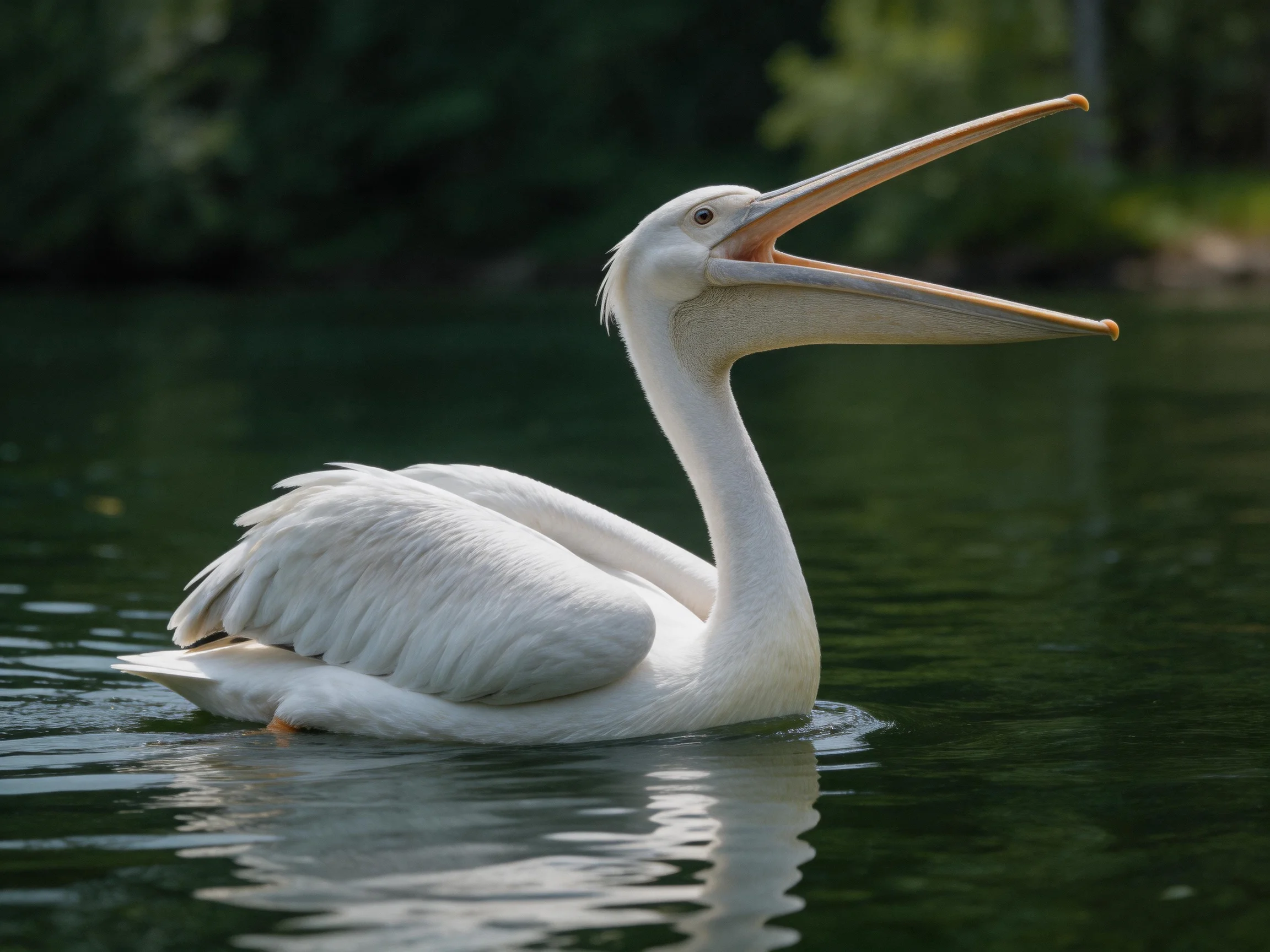 A white pelican swims in calm water with its beak open