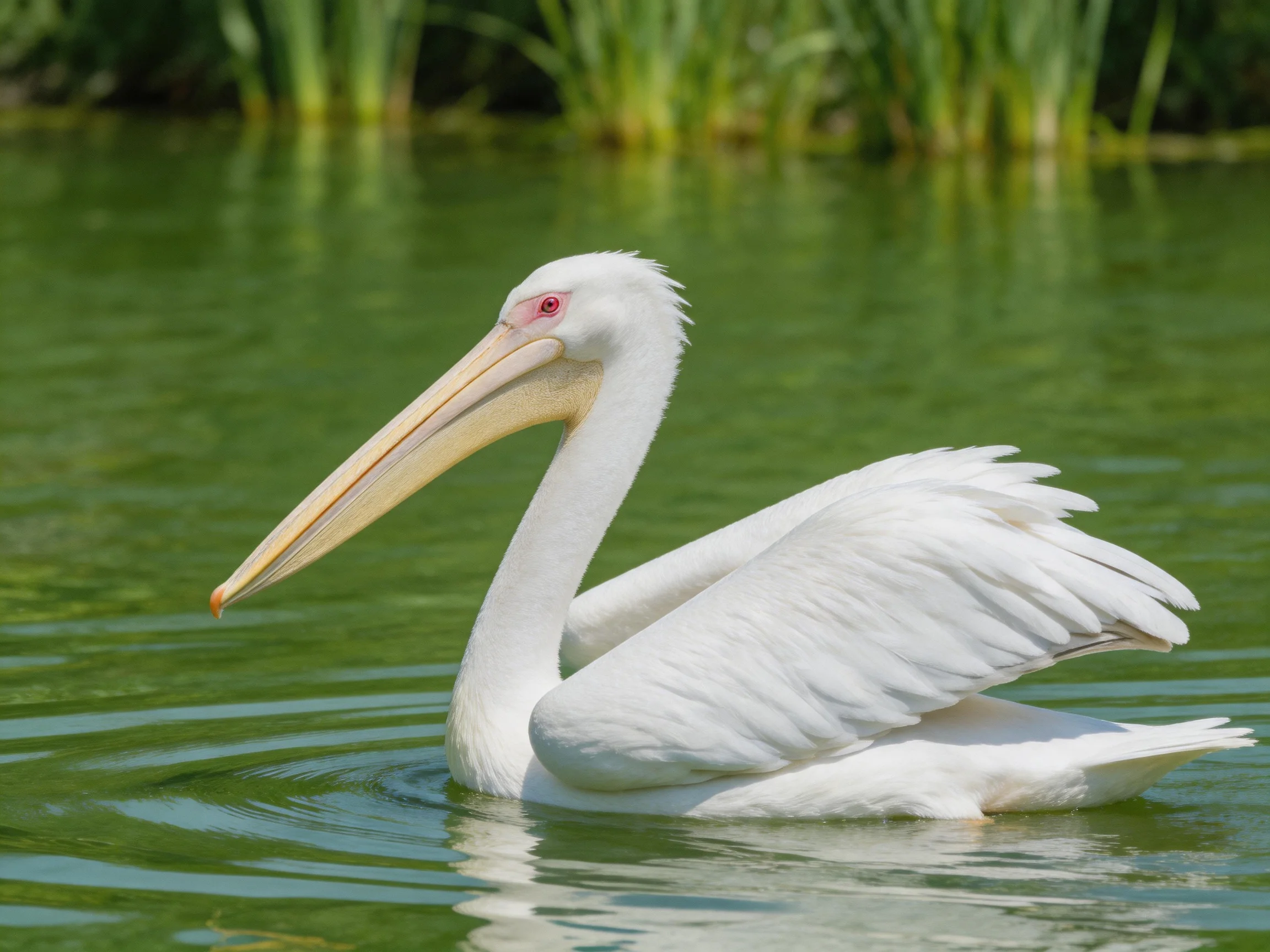 A white pelican swims in green water near tall reeds