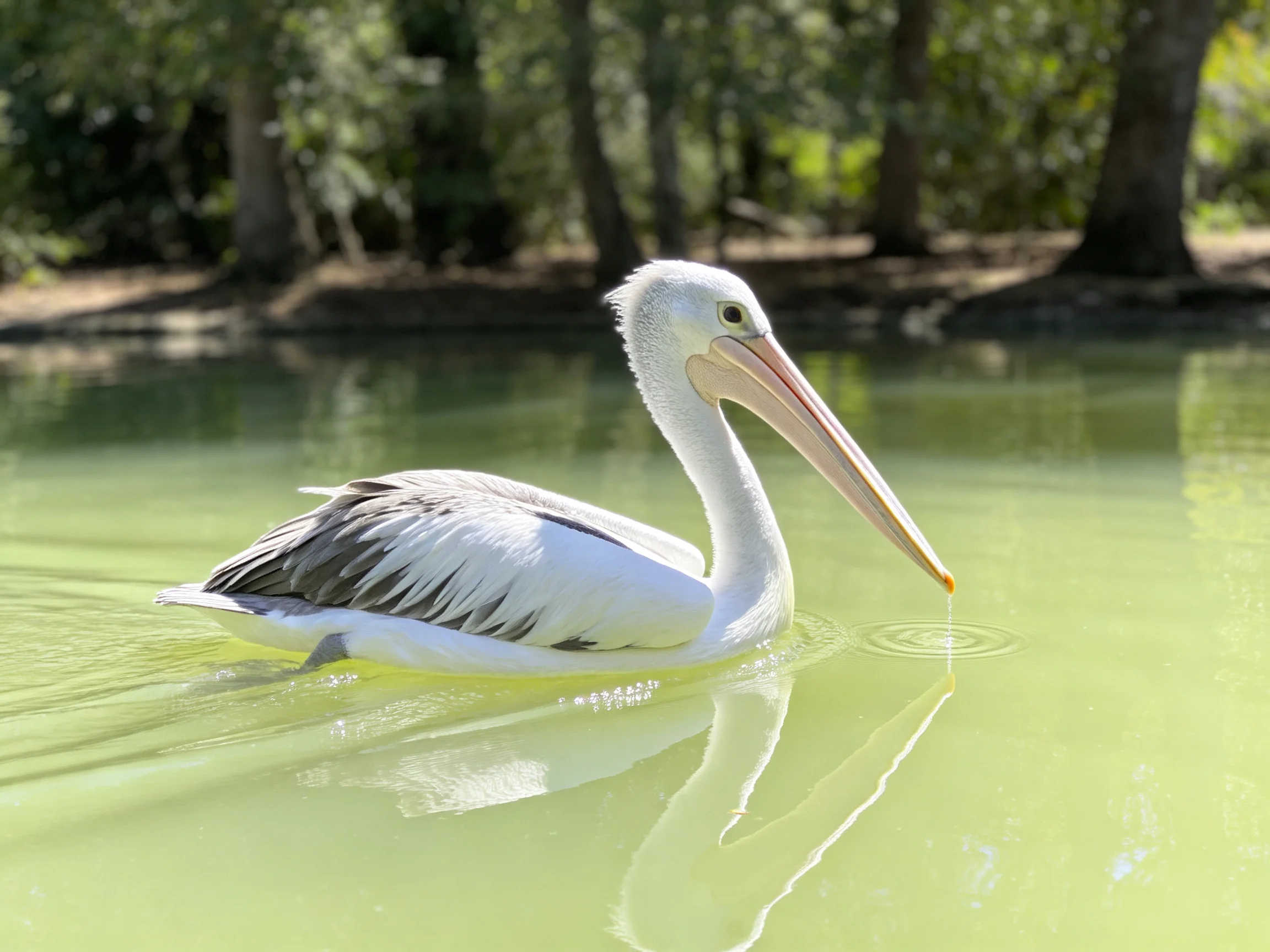 A white pelican swims in greenish water near trees