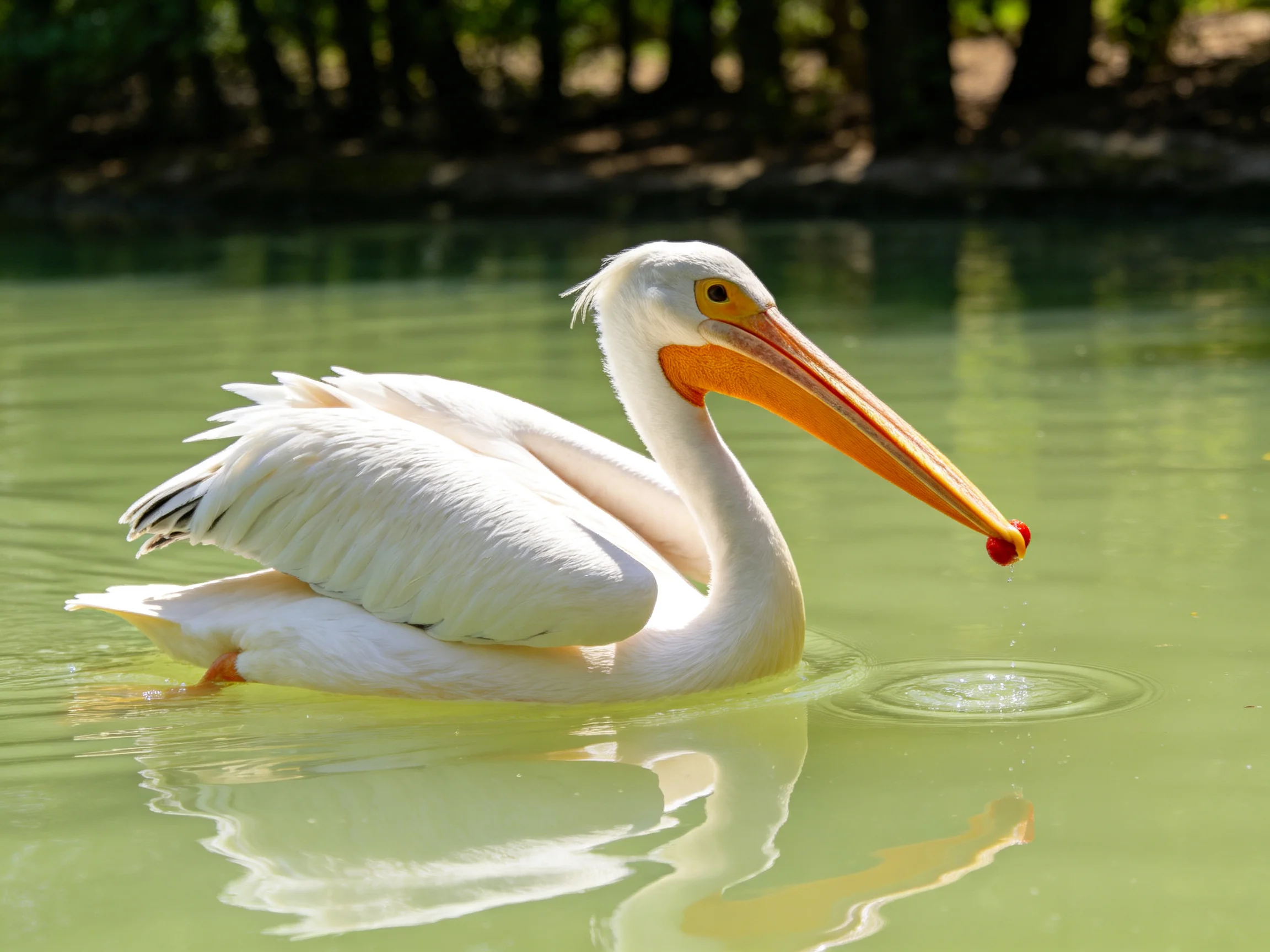 A white pelican swims in greenish water with an orange beak
