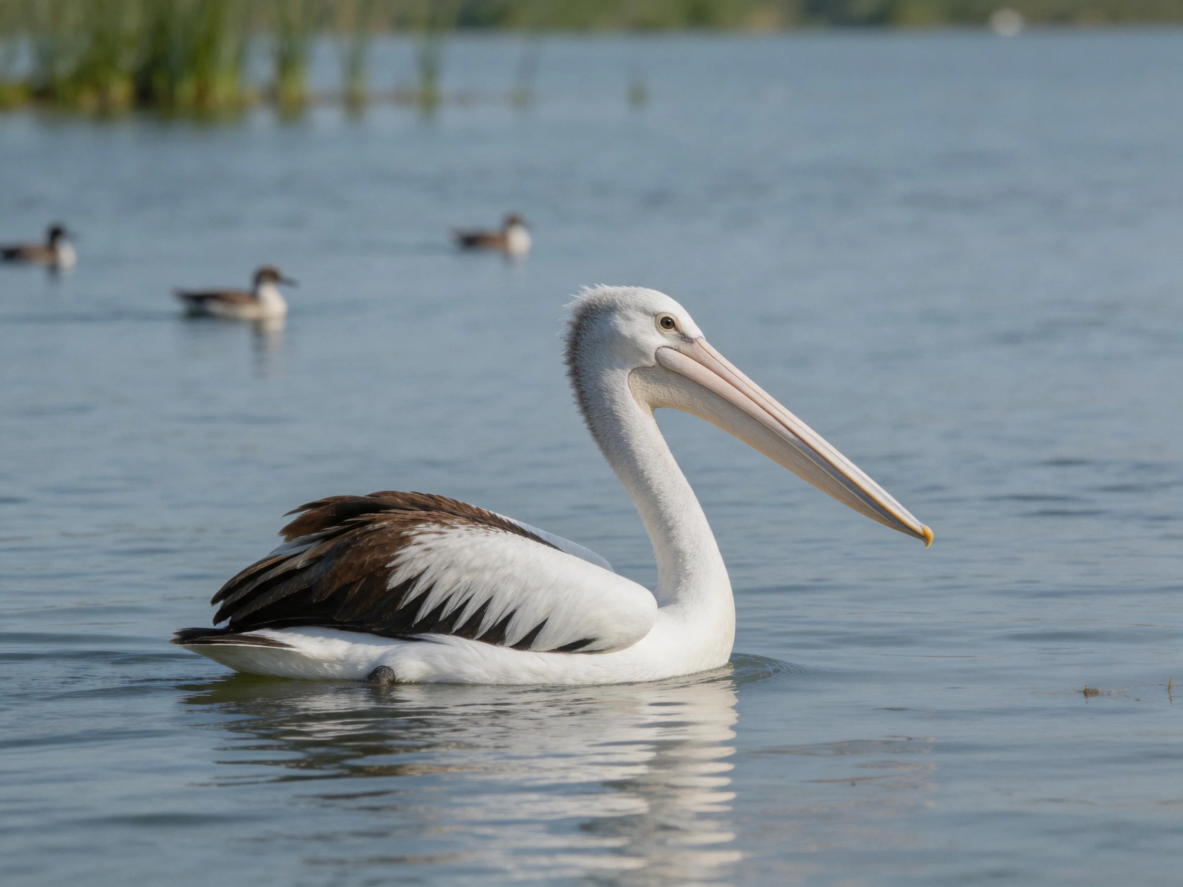 A white pelican swims near ducks in calm blue water