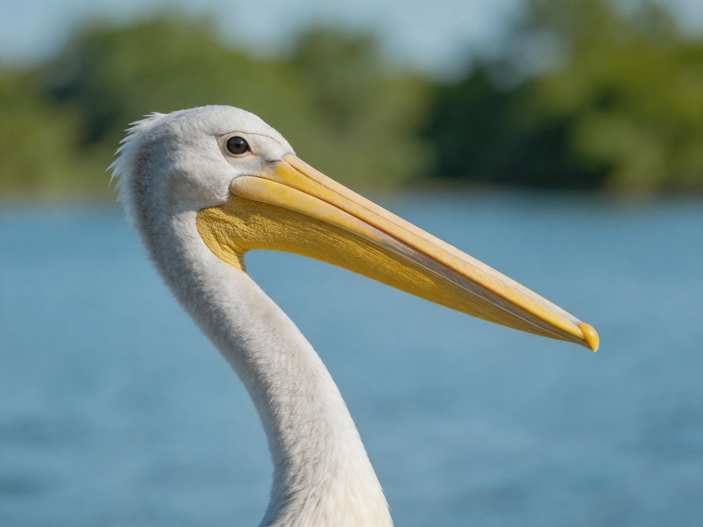 A white pelican with a long yellow beak near calm blue water