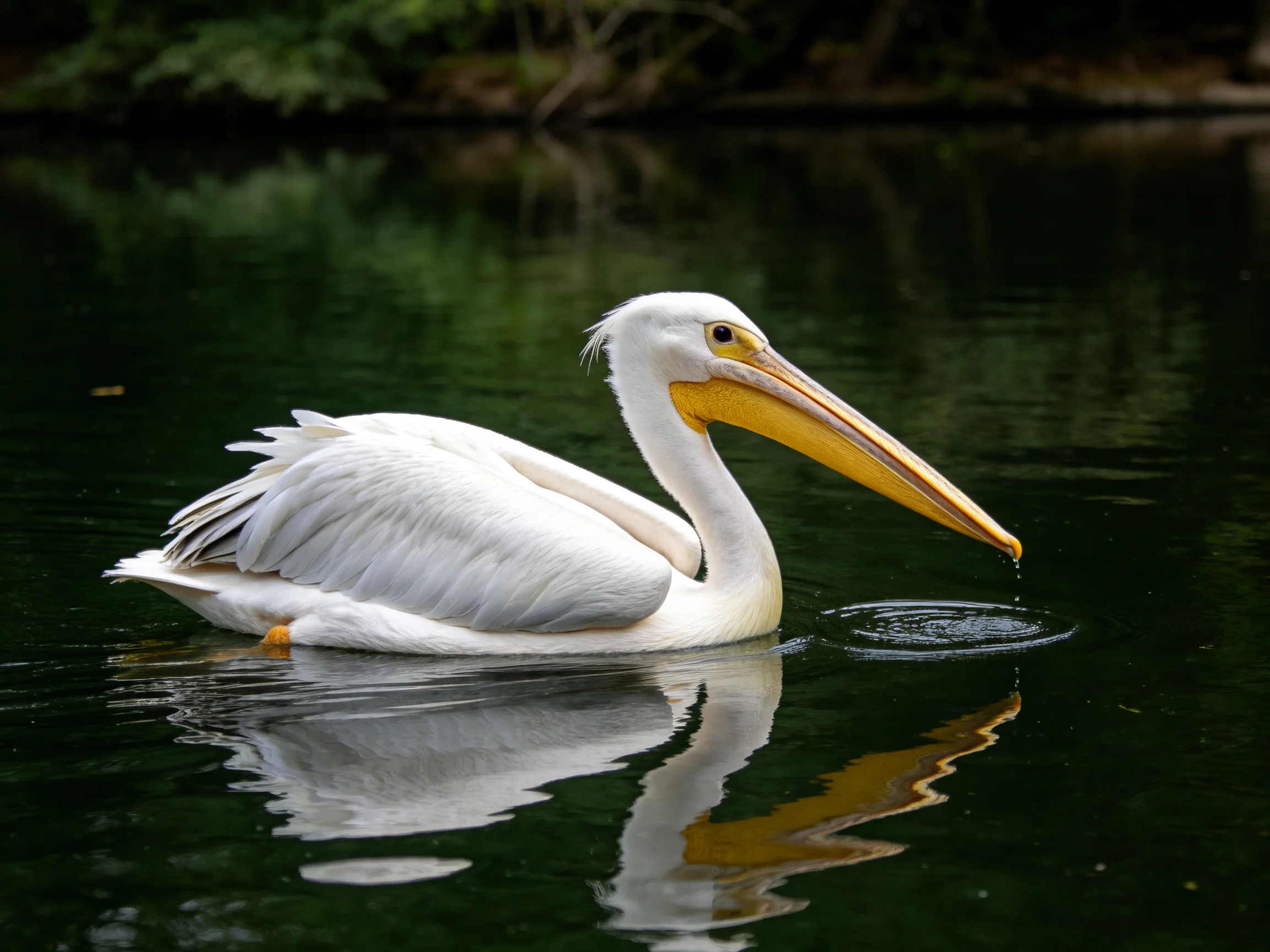 A white pelican with a long yellow beak swims in dark water