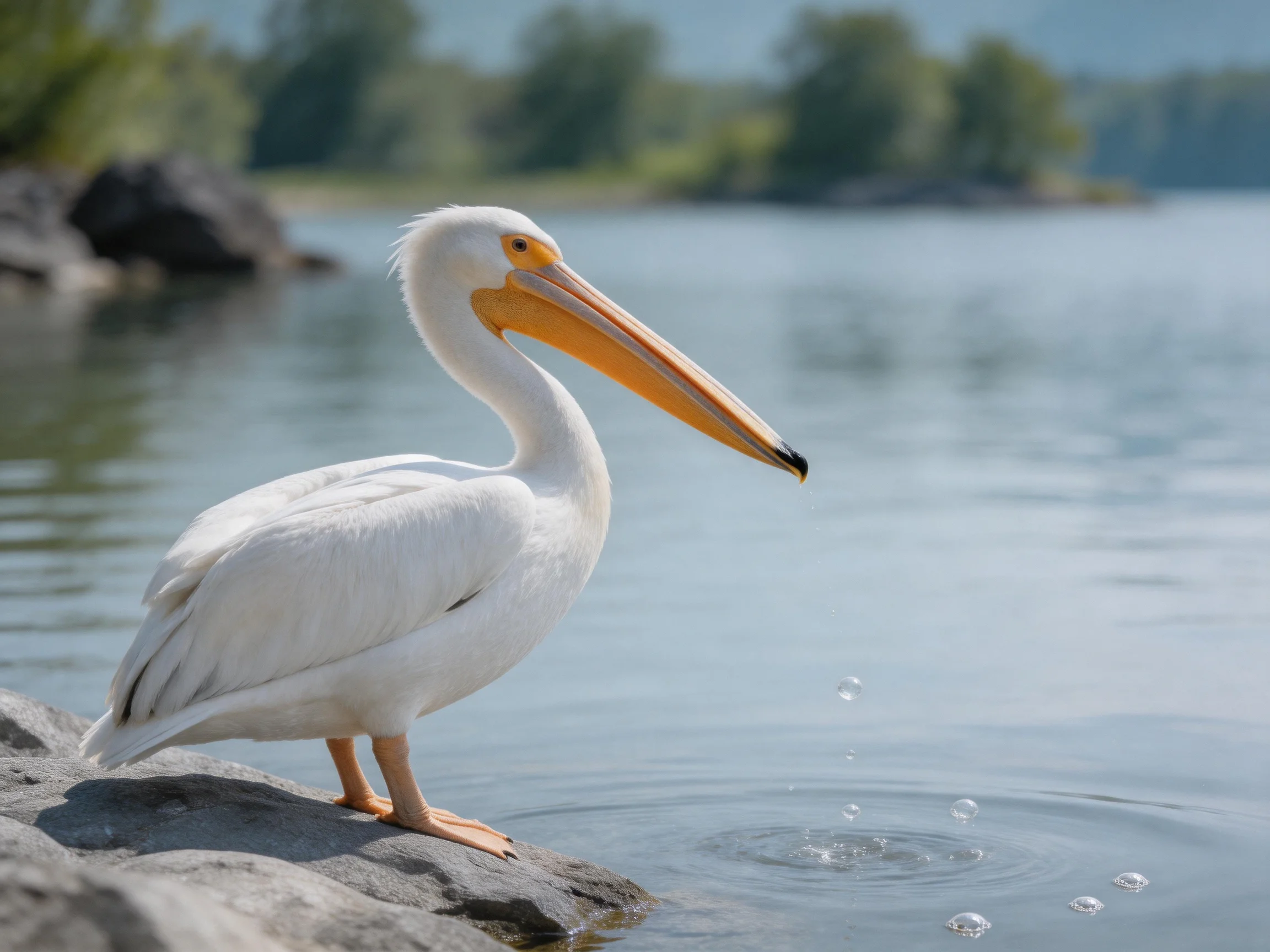 A white pelican with an orange beak perched by calm water