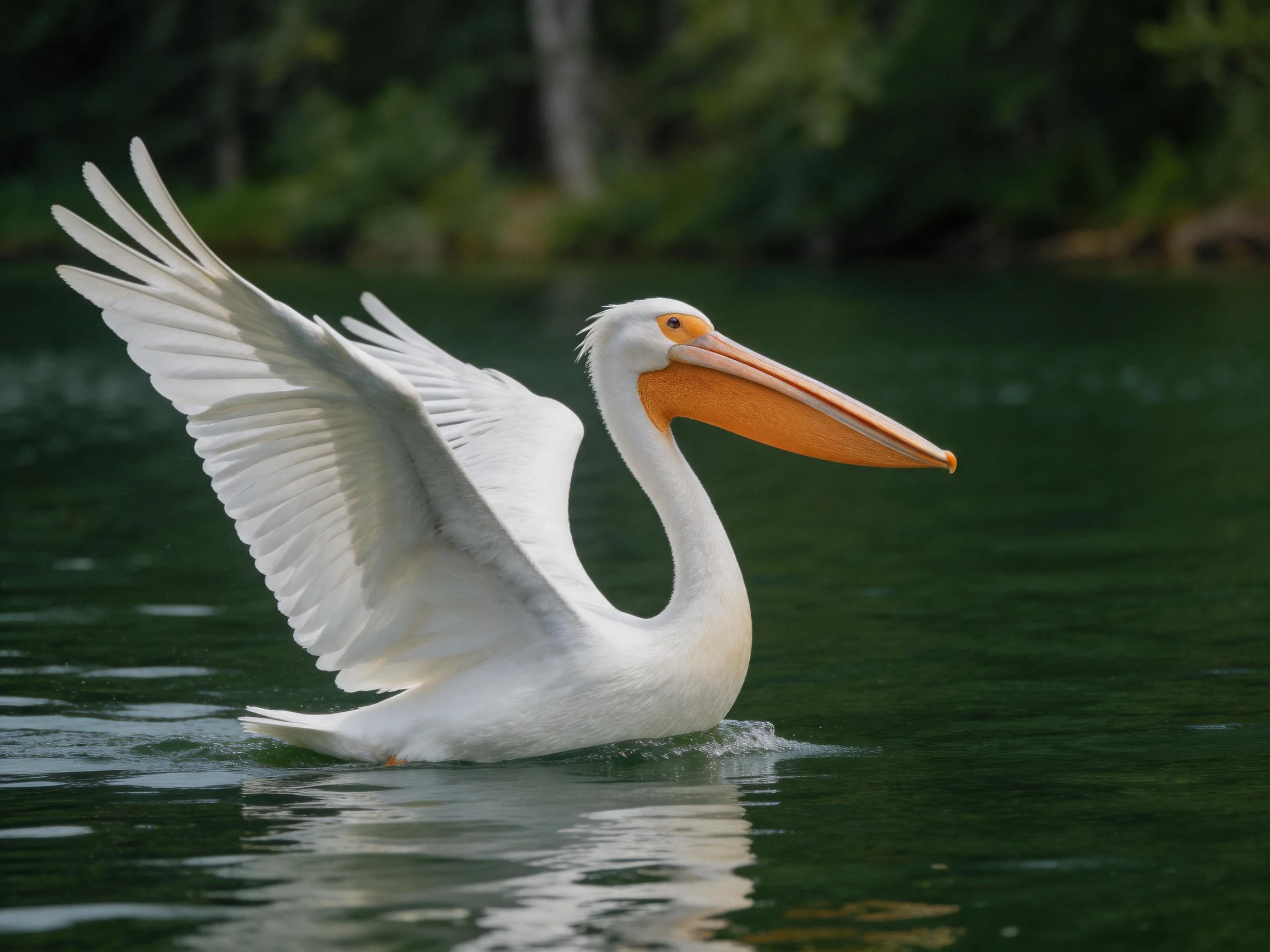 A white pelican with an orange beak spreads wings over calm water