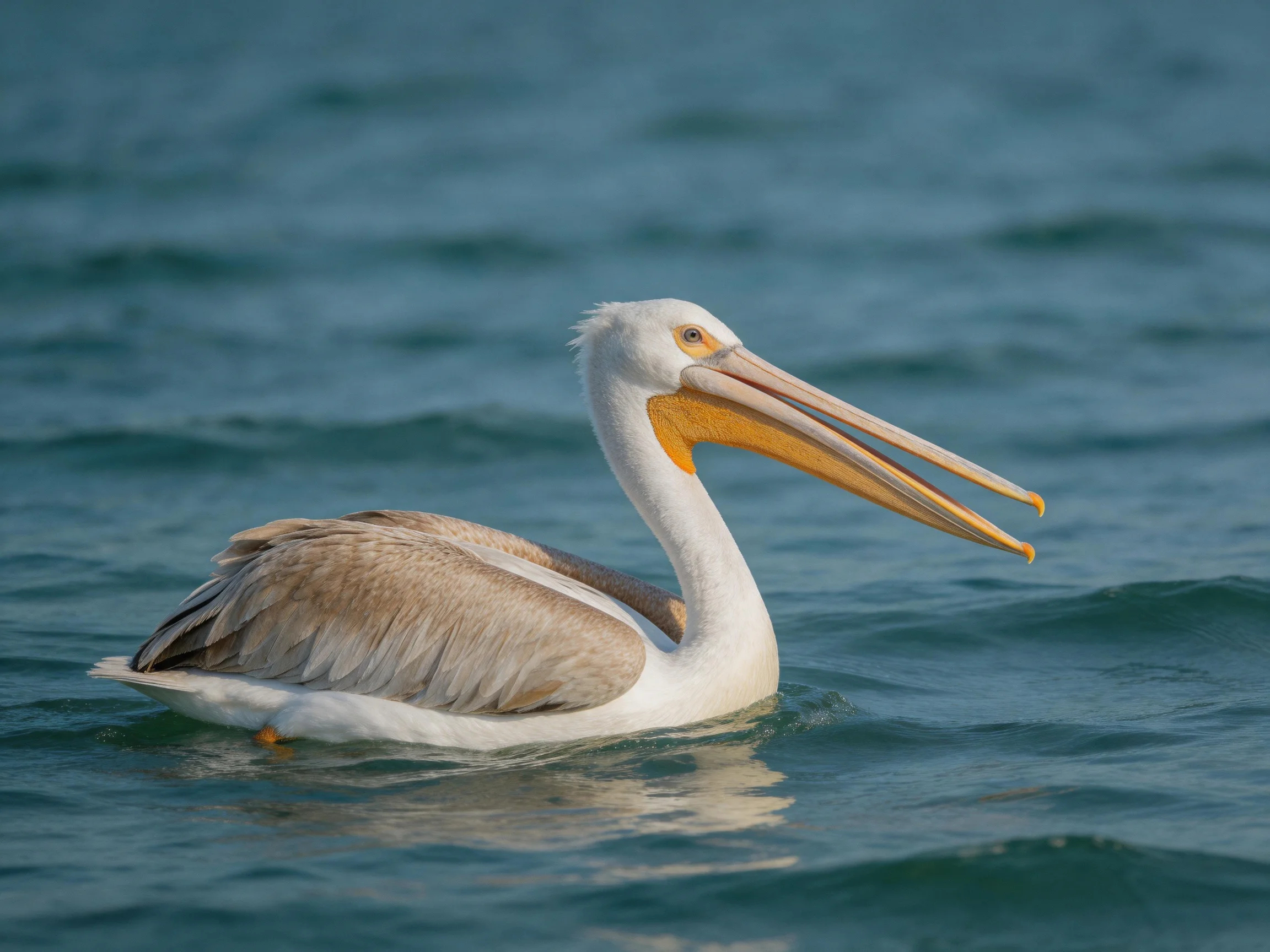 A white pelican with an orange beak swims in calm blue water.