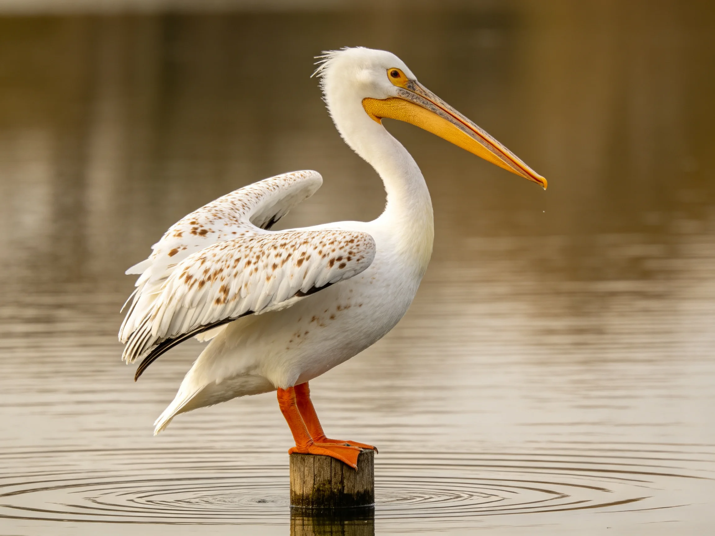 A white pelican with brown-spotted wings perches on a wooden post in calm water