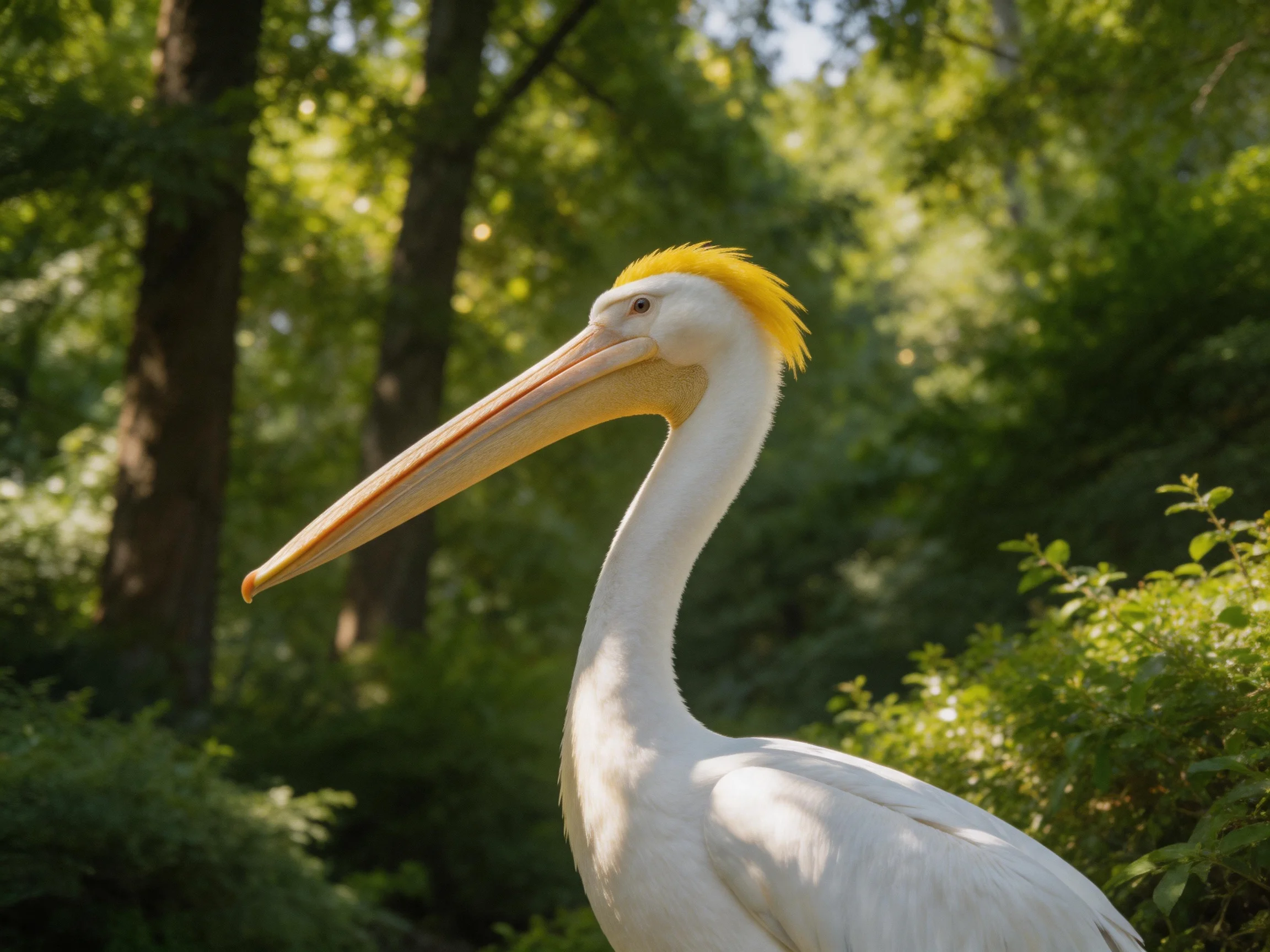 A white pelican with a yellow head crest is surrounded by dense green foliage.