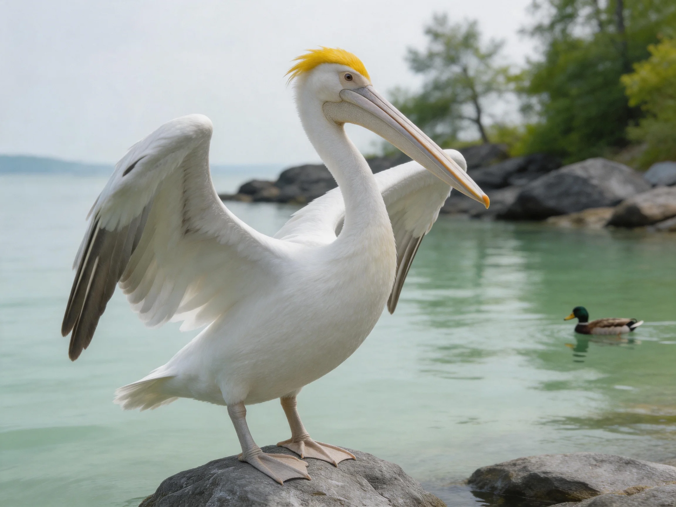 A white pelican with yellow crest perched on a rock by calm waters