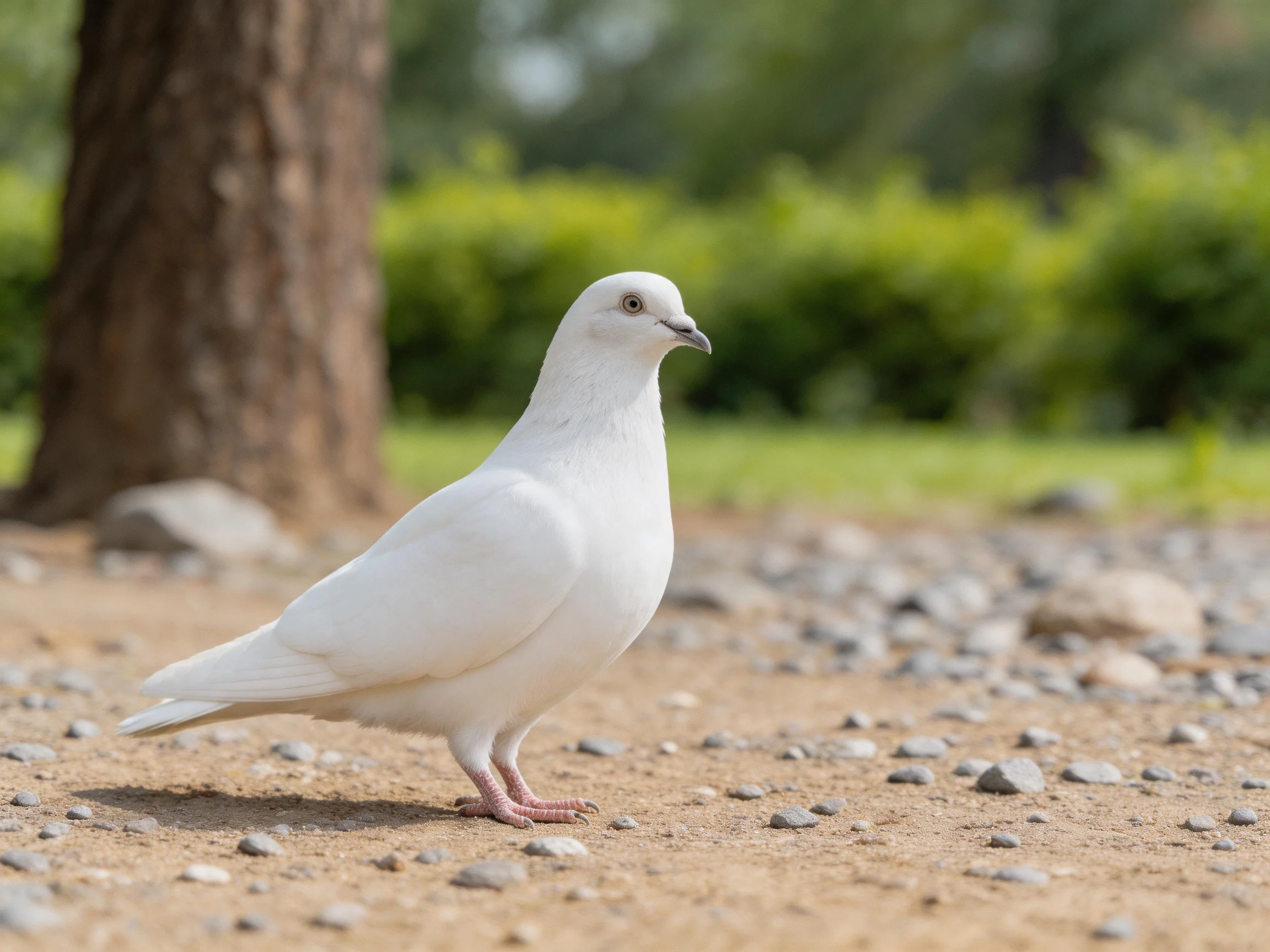 A white pigeon stands on a gravel path near a large tree
