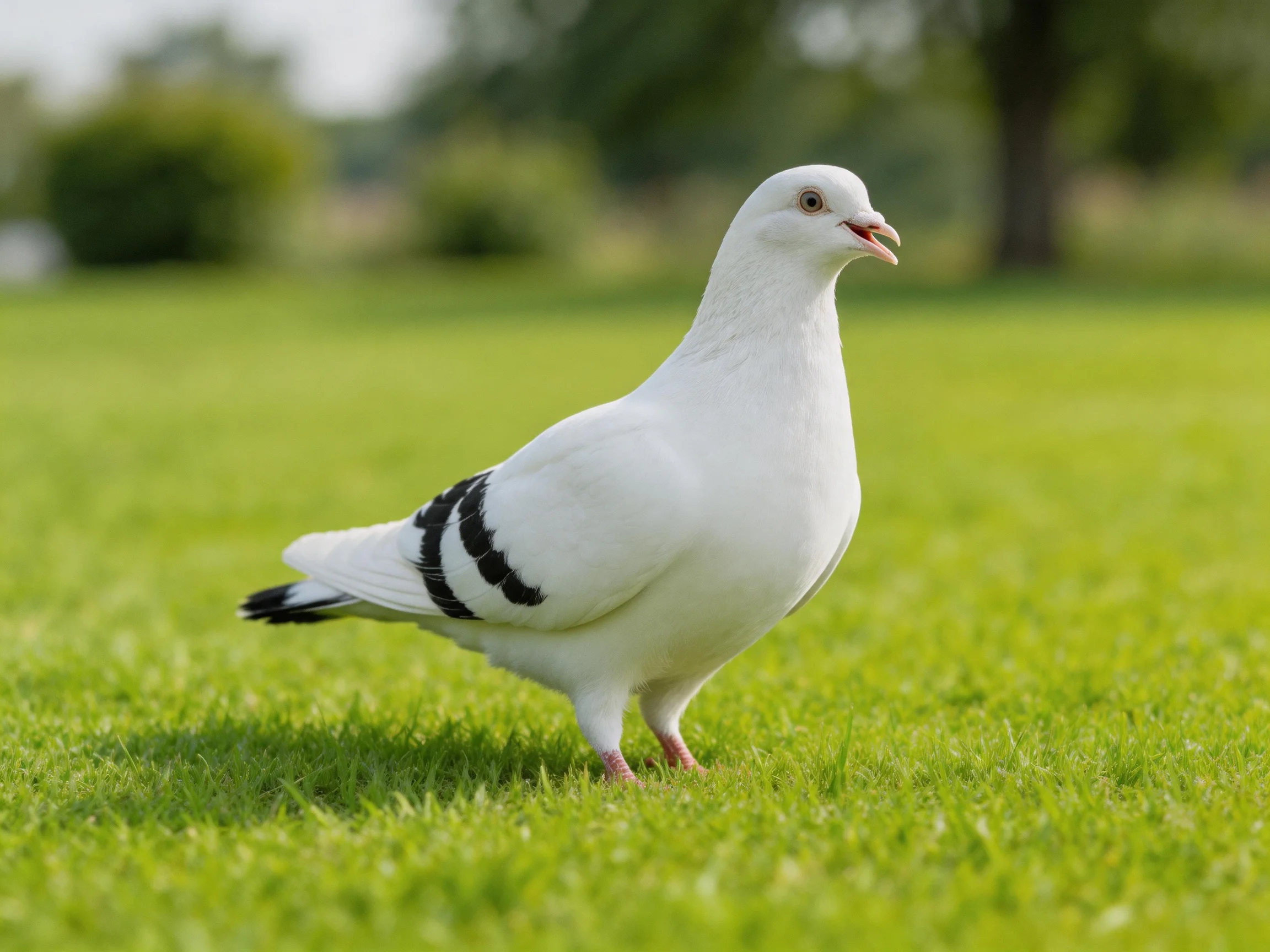 A white pigeon with black wing markings stands on bright green grass
