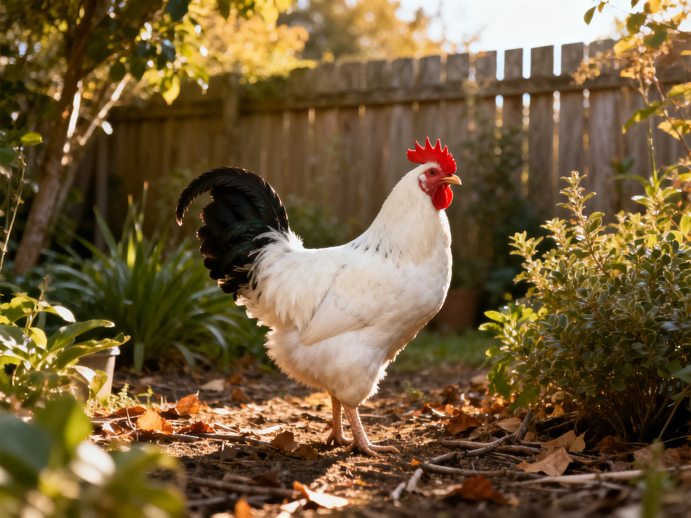 A white rooster with black tail feathers in a sunlit backyard