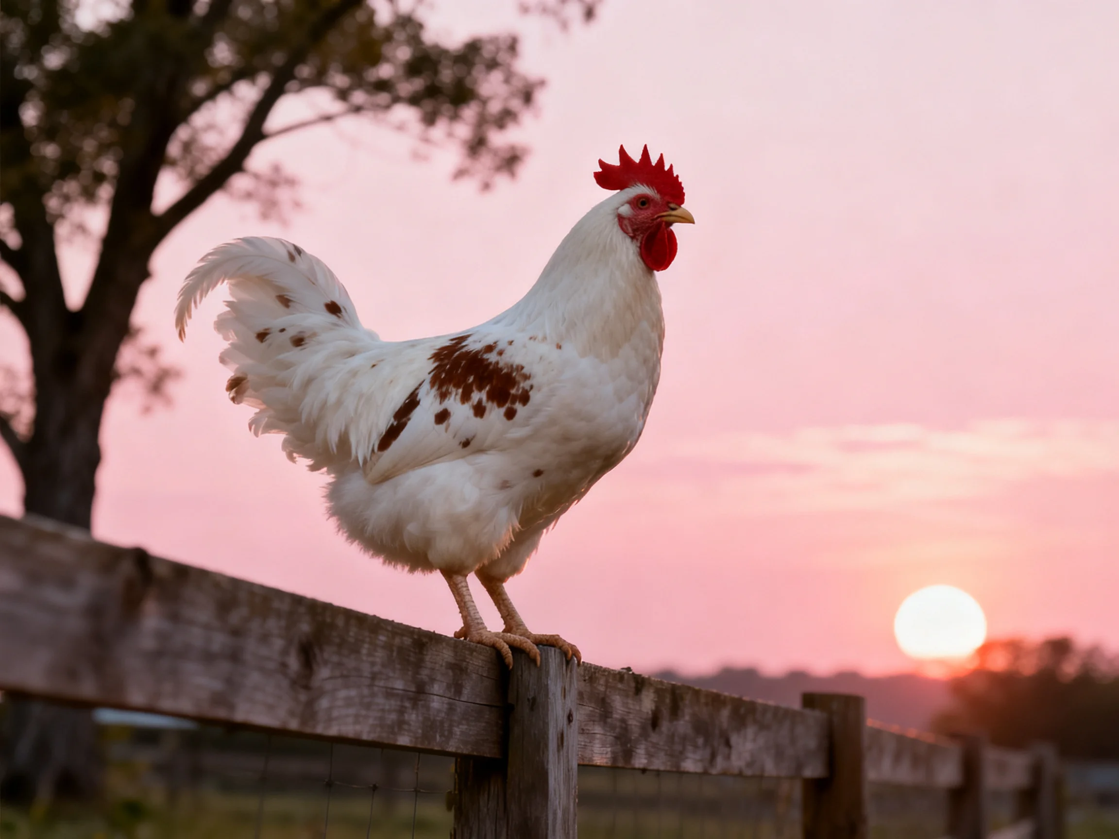 A white rooster with brown spots stands on a wooden fence at sunset