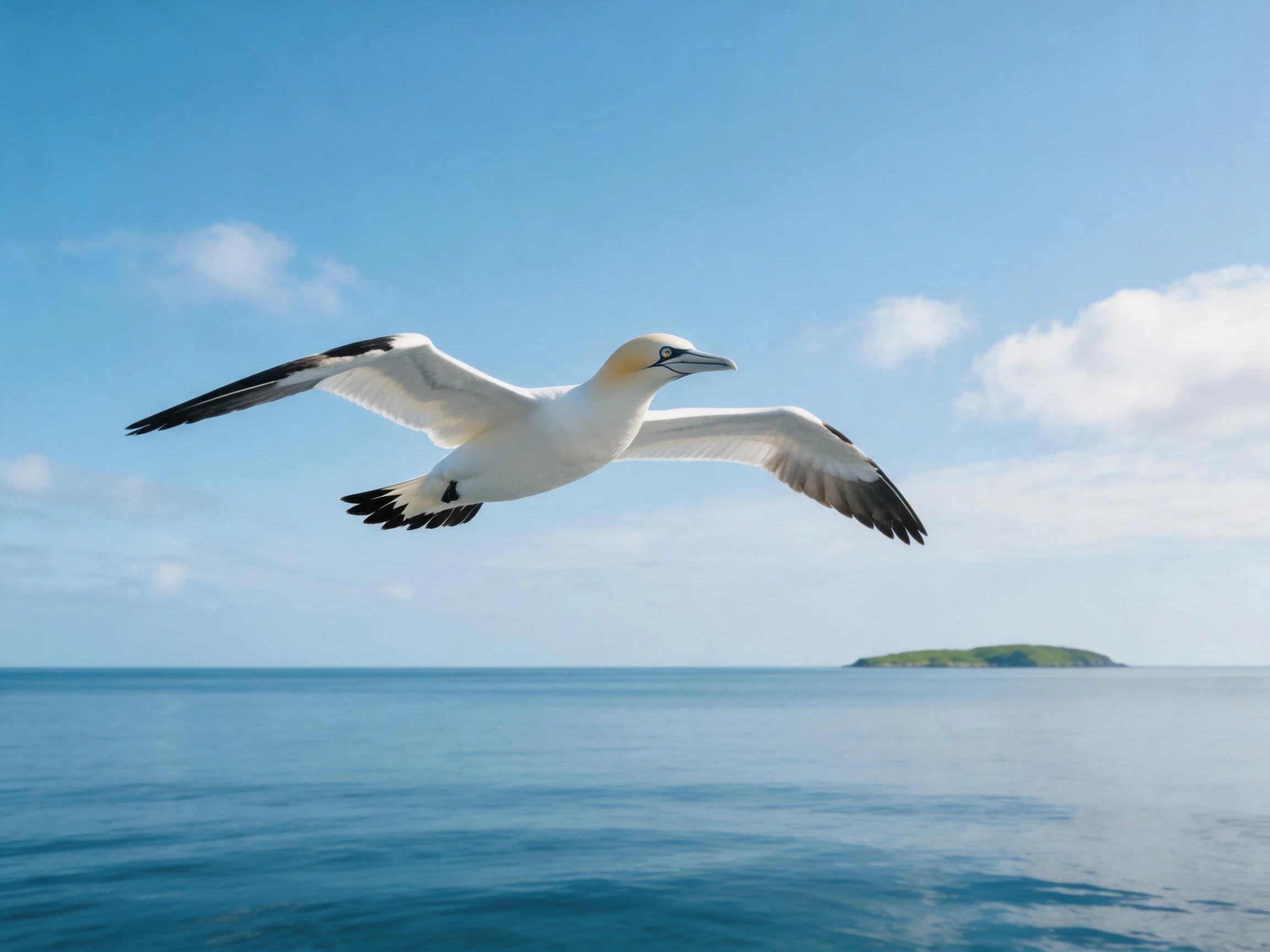 A white seabird flies over calm blue waters near a distant green island