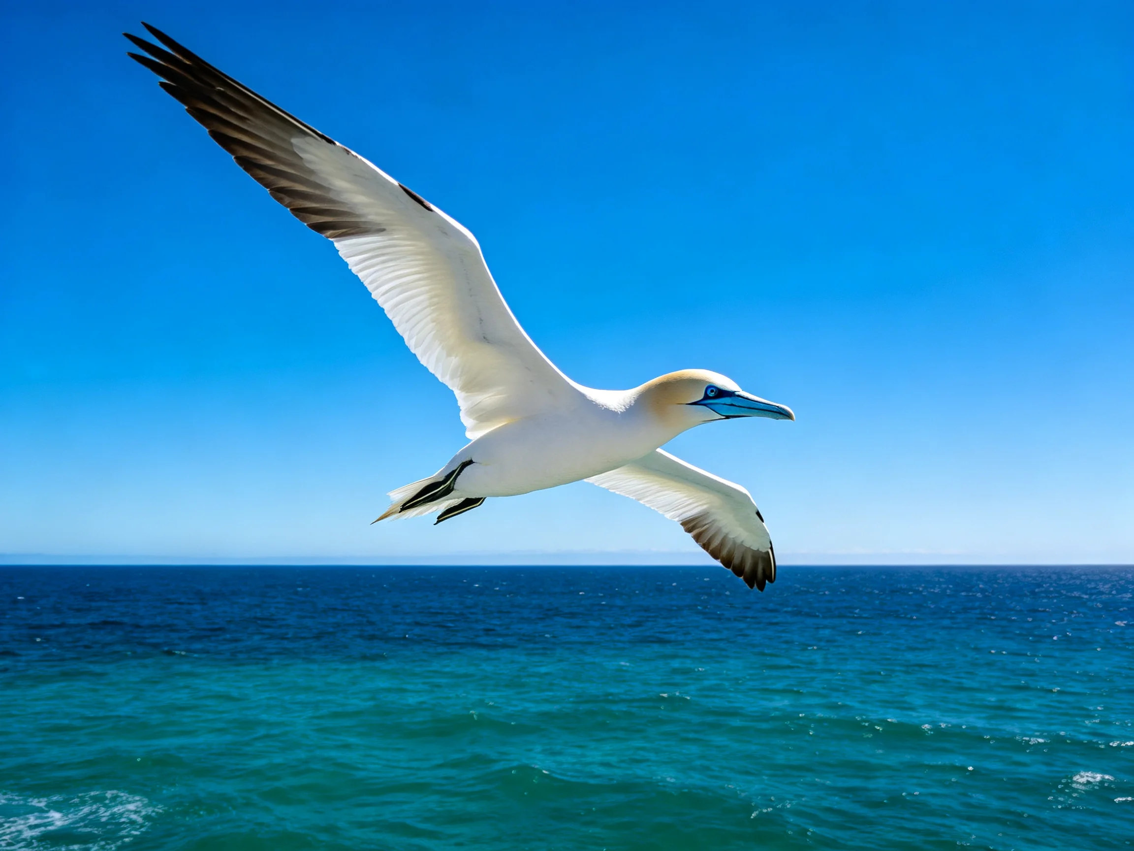 A white seabird flies over turquoise ocean waters
