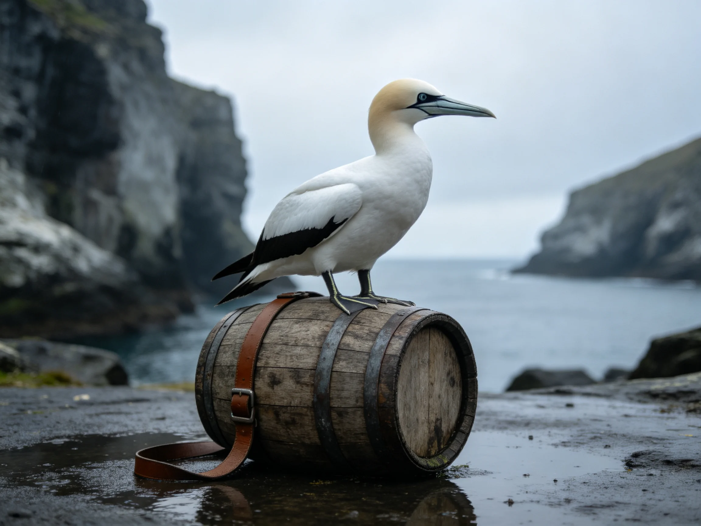 A white seabird perched on a weathered wooden barrel near rocky cliffs