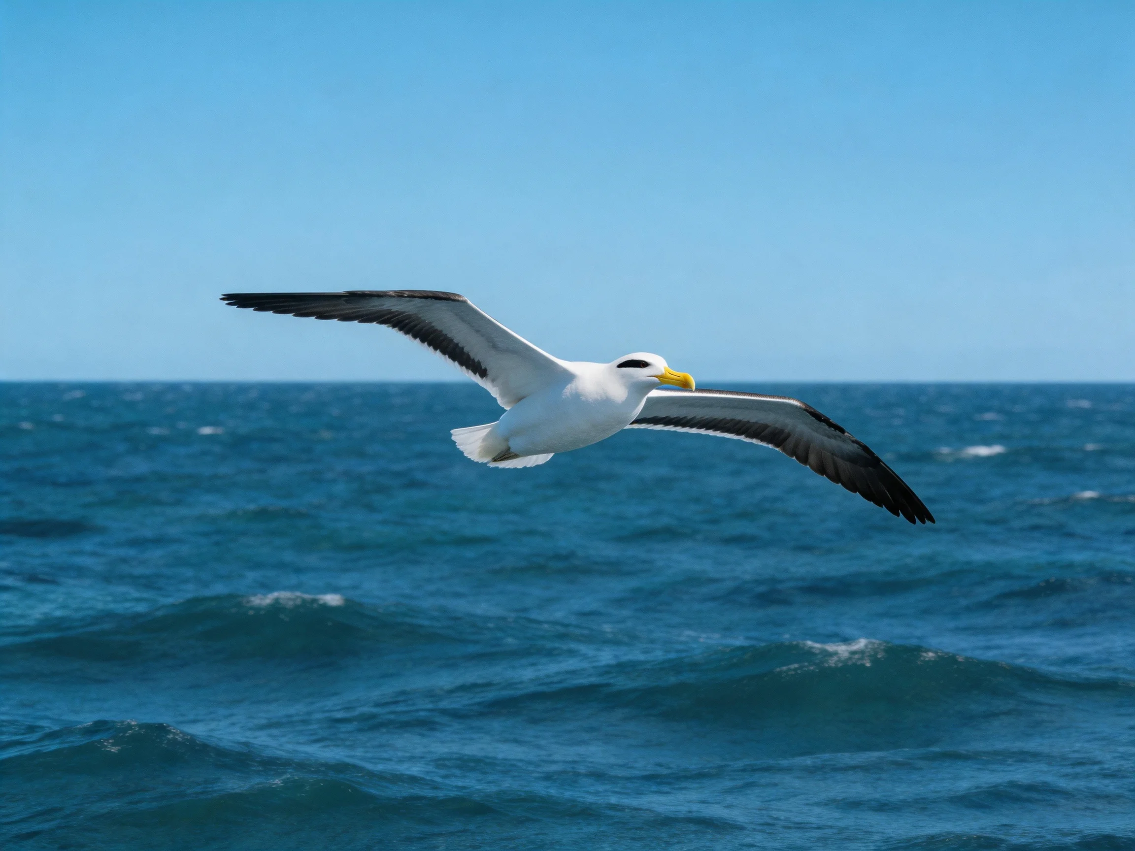 A white seabird soars over deep blue ocean waters