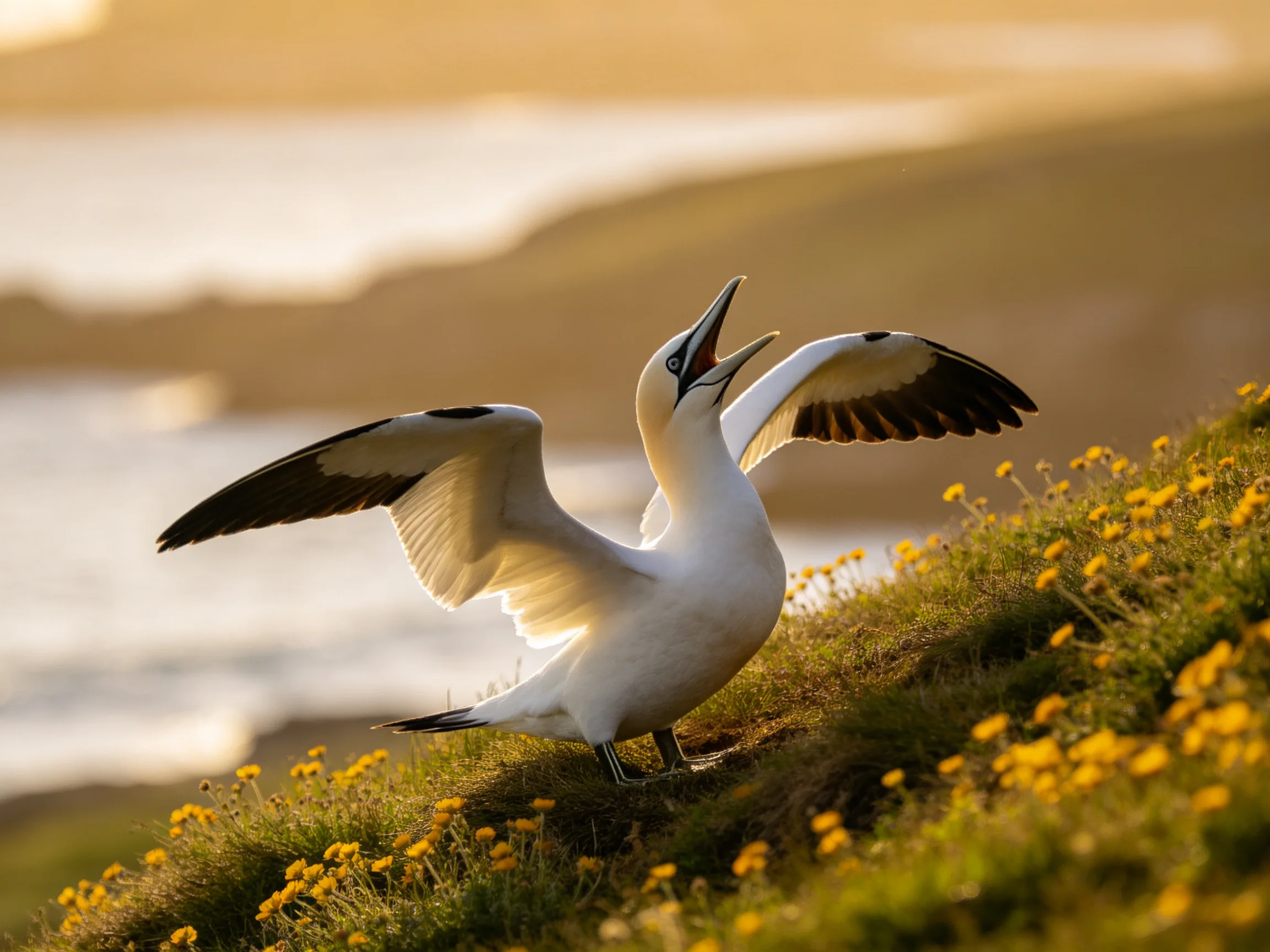 A white seabird spreading wings among yellow wildflowers on a coastal cliff