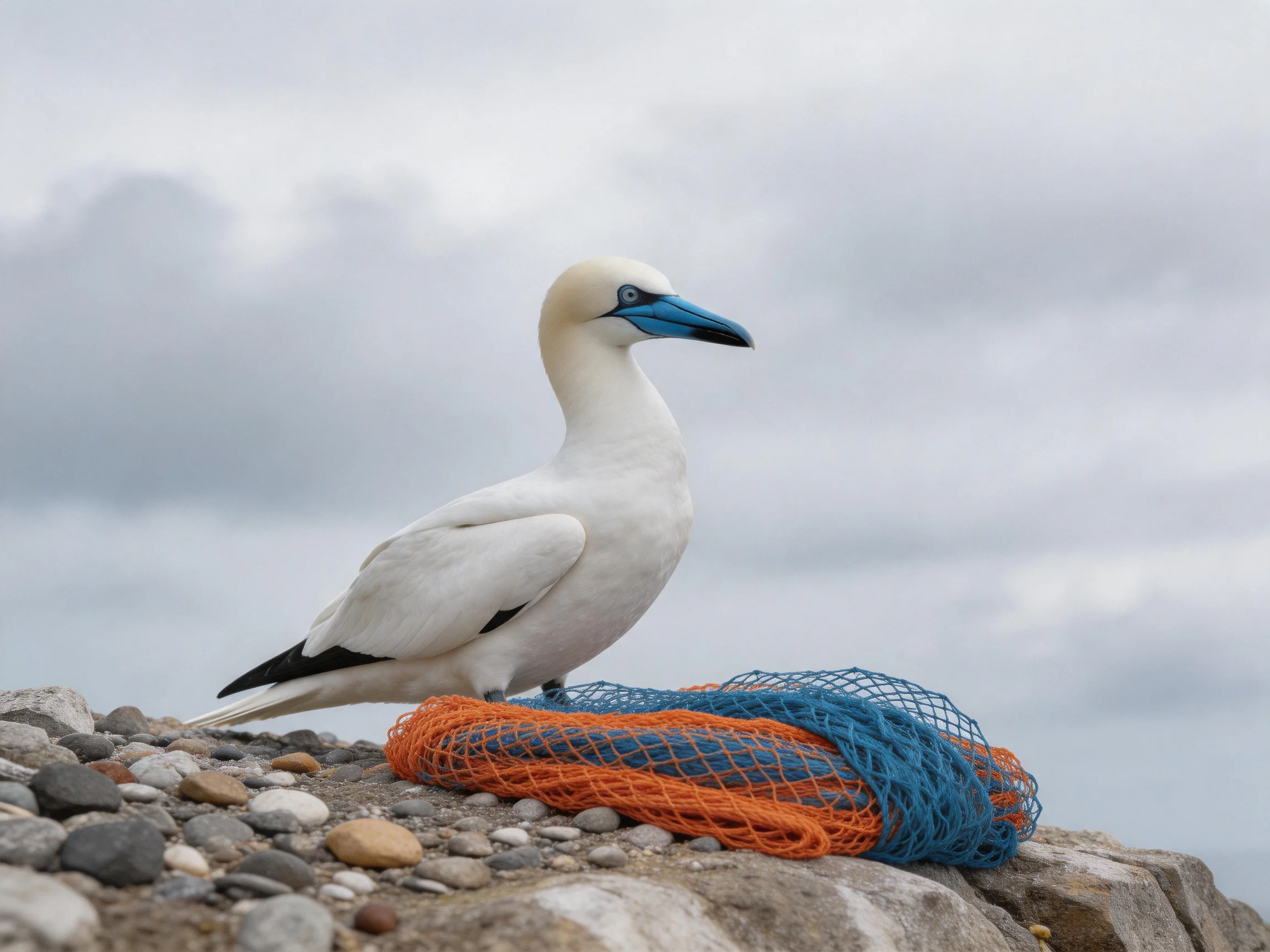 A white seabird with blue beak stands near orange-blue fishing nets on rocky terrain