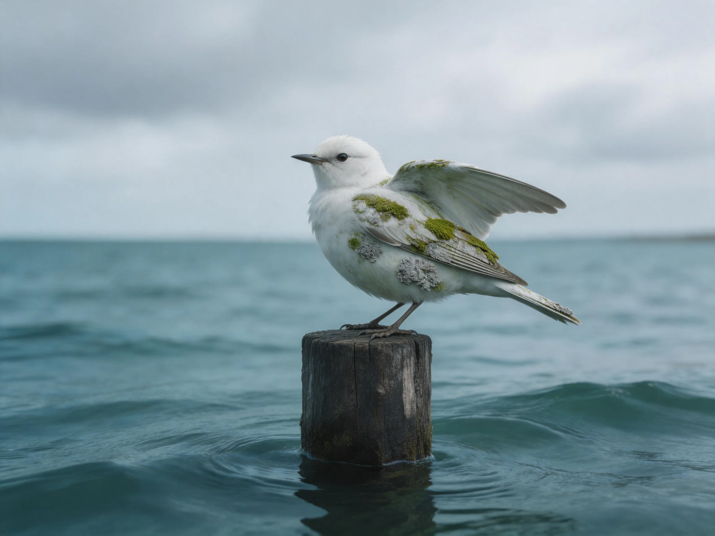 A white seabird with green markings perches on an aged wooden post above calm blue waters