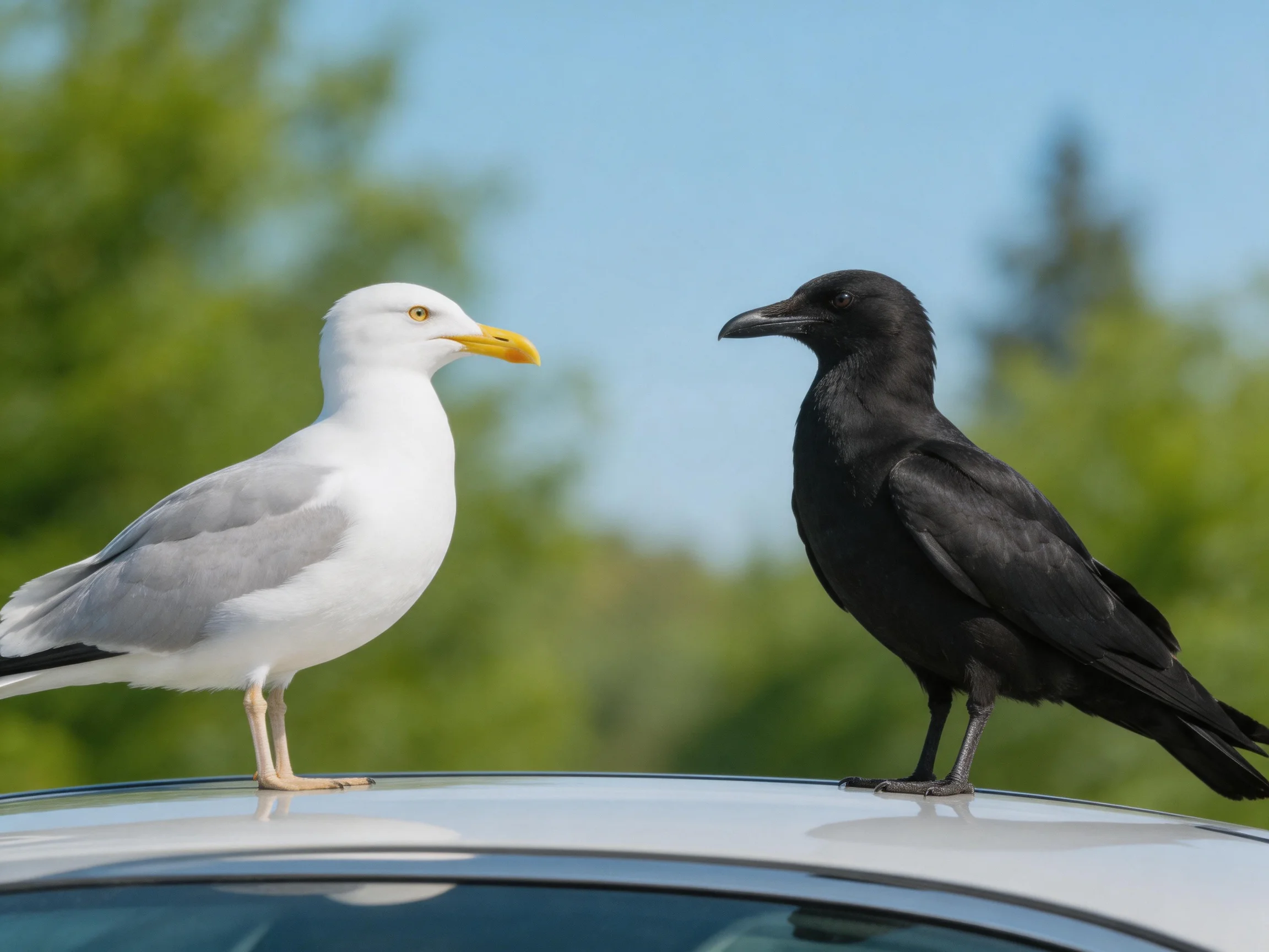 A white seagull and black crow perch on a car roof