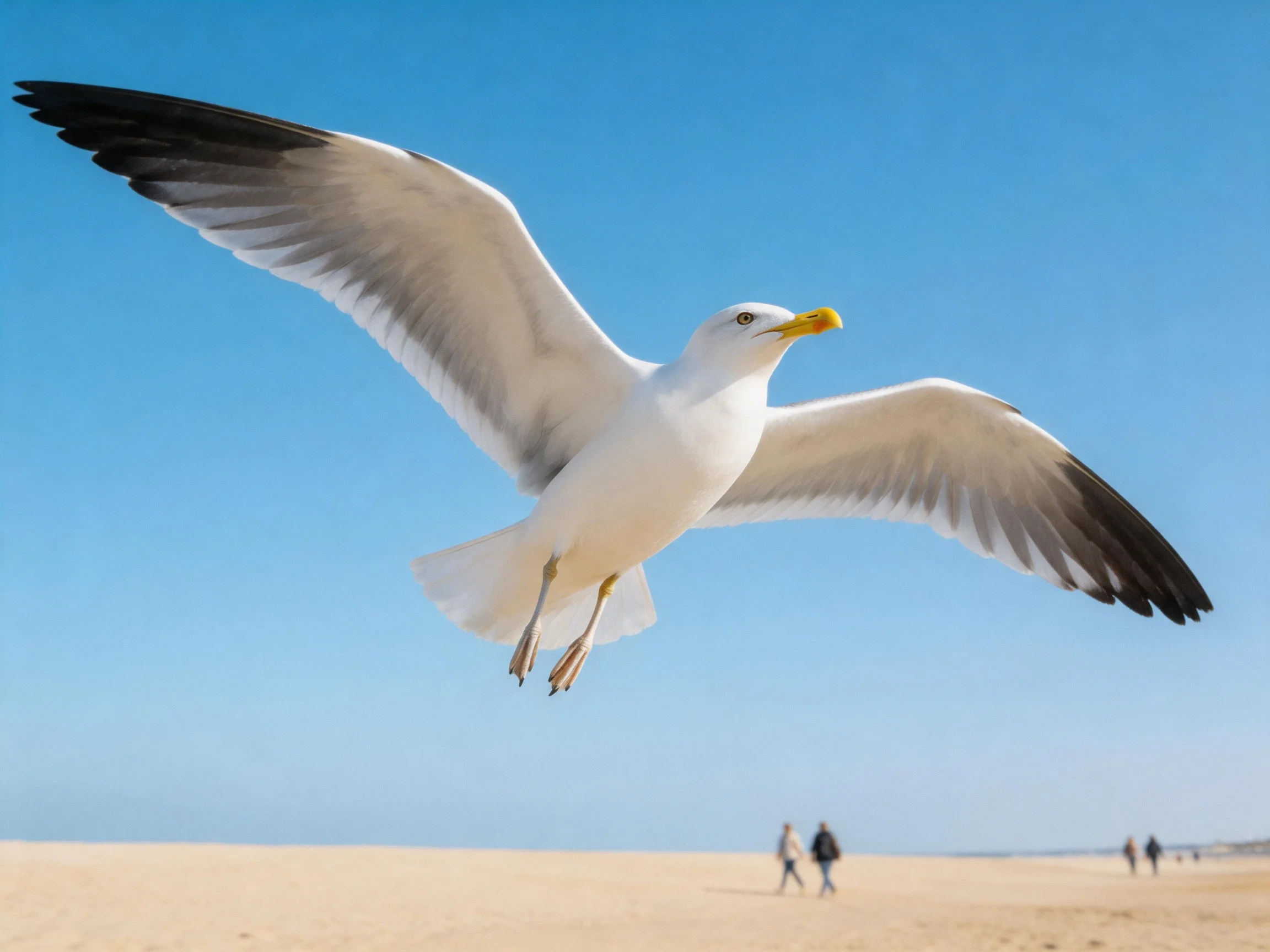 A white seagull flies over a sandy beach with distant figures