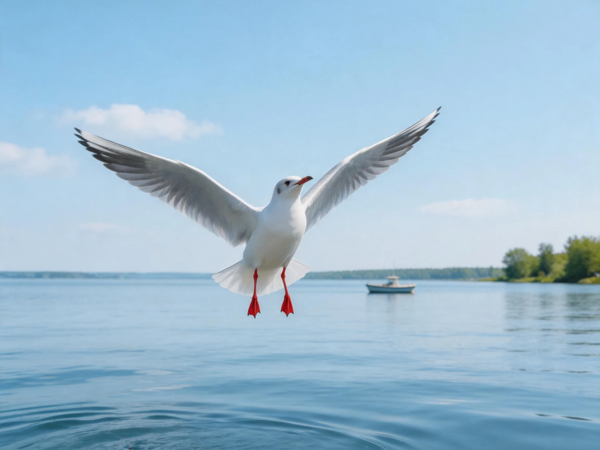 A white seagull flies over calm blue water near a small boat