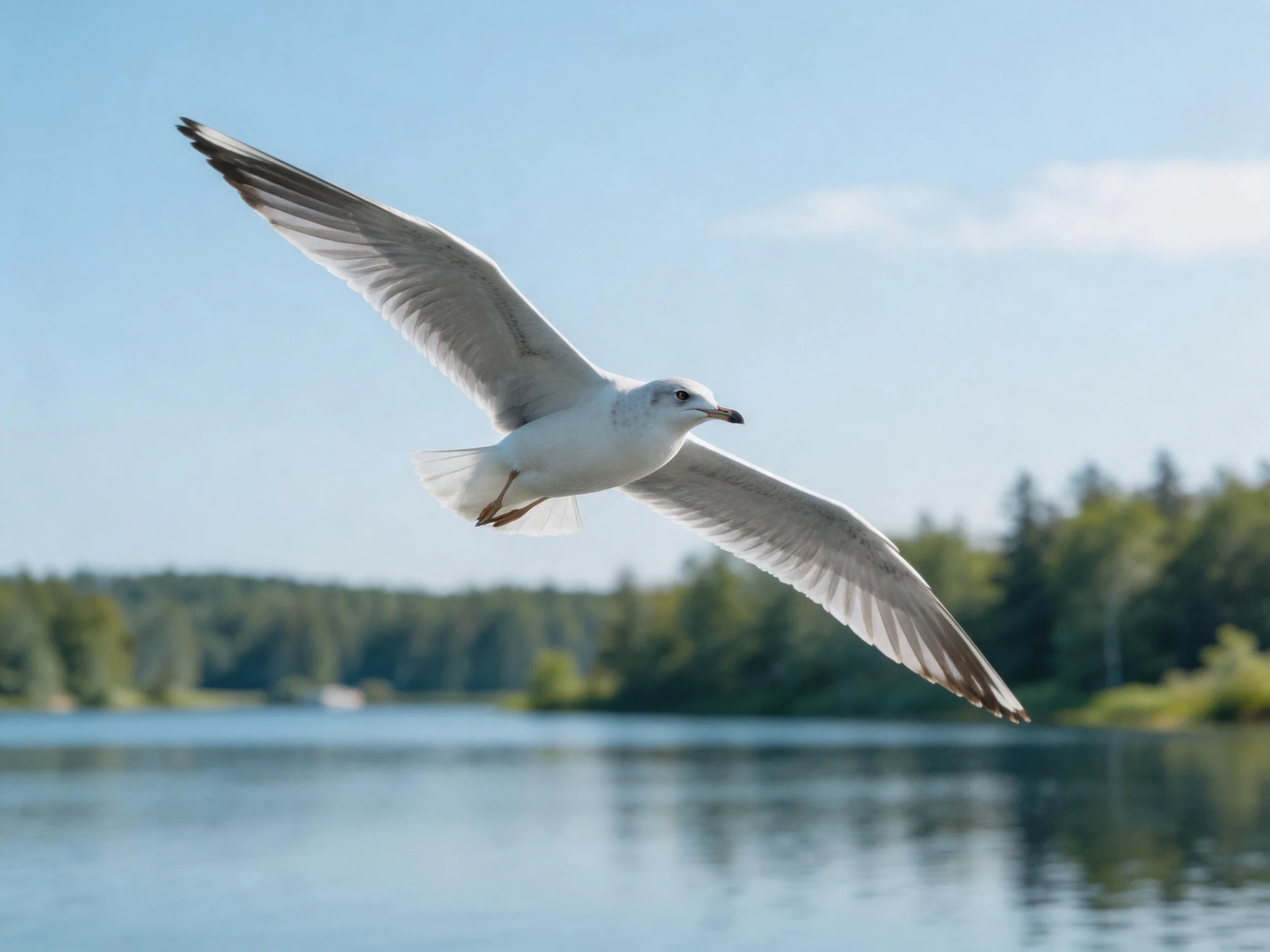 A white seagull flies over calm water near forested shores
