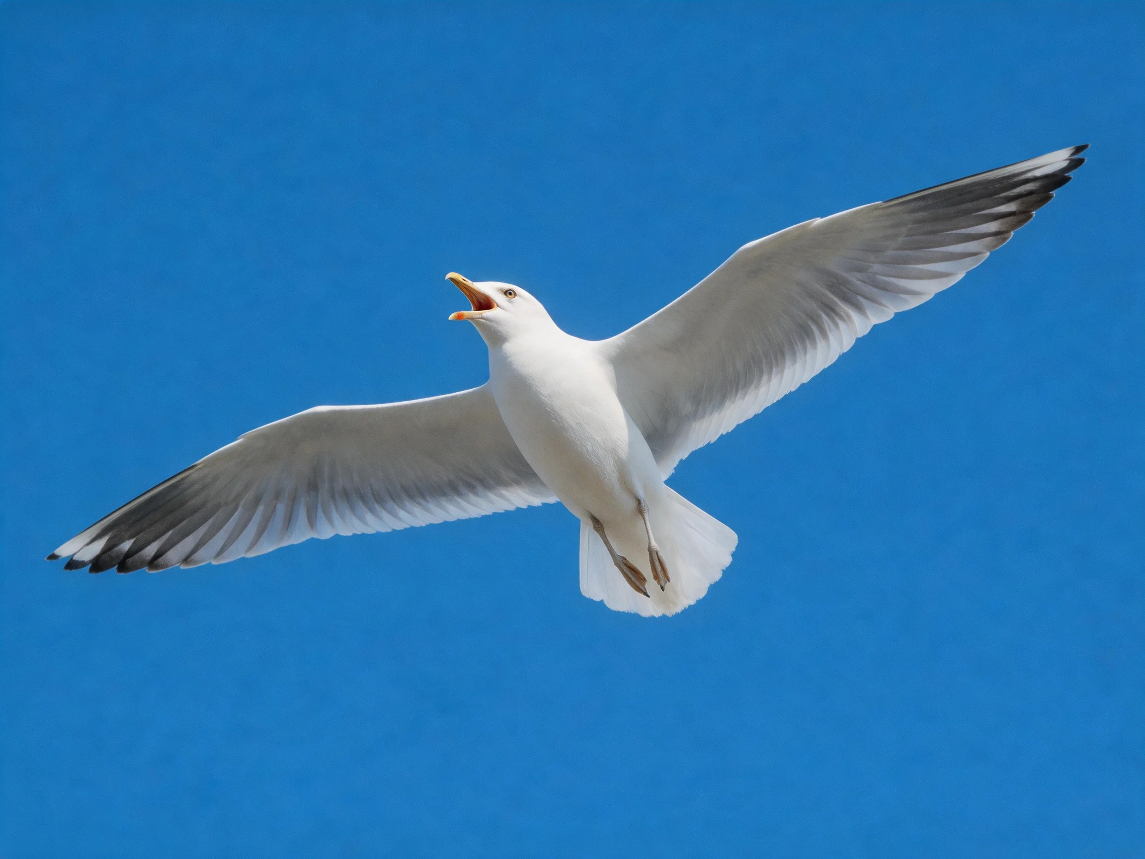 A white seagull flies with spread wings against a clear blue sky