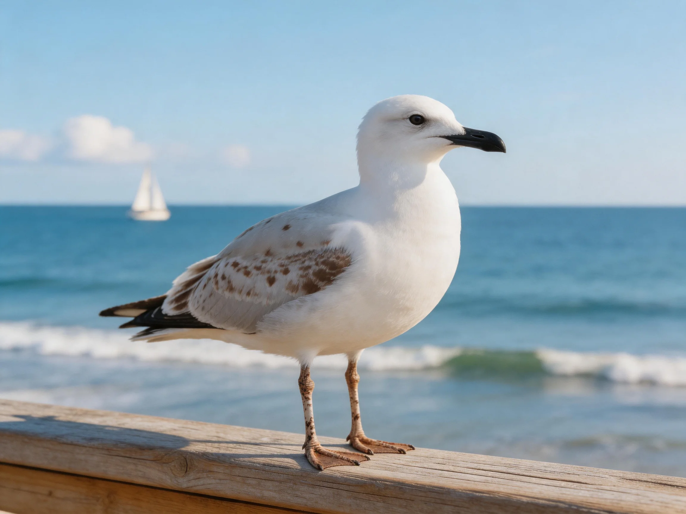 A seagull stands on a wooden railing by the ocean with a sailboat in the distance