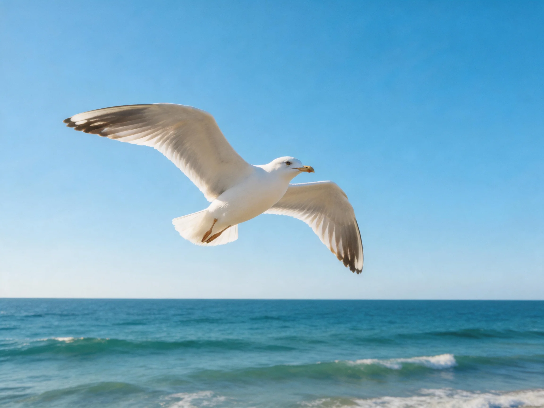 A white seagull soars over turquoise ocean waters under clear blue sky