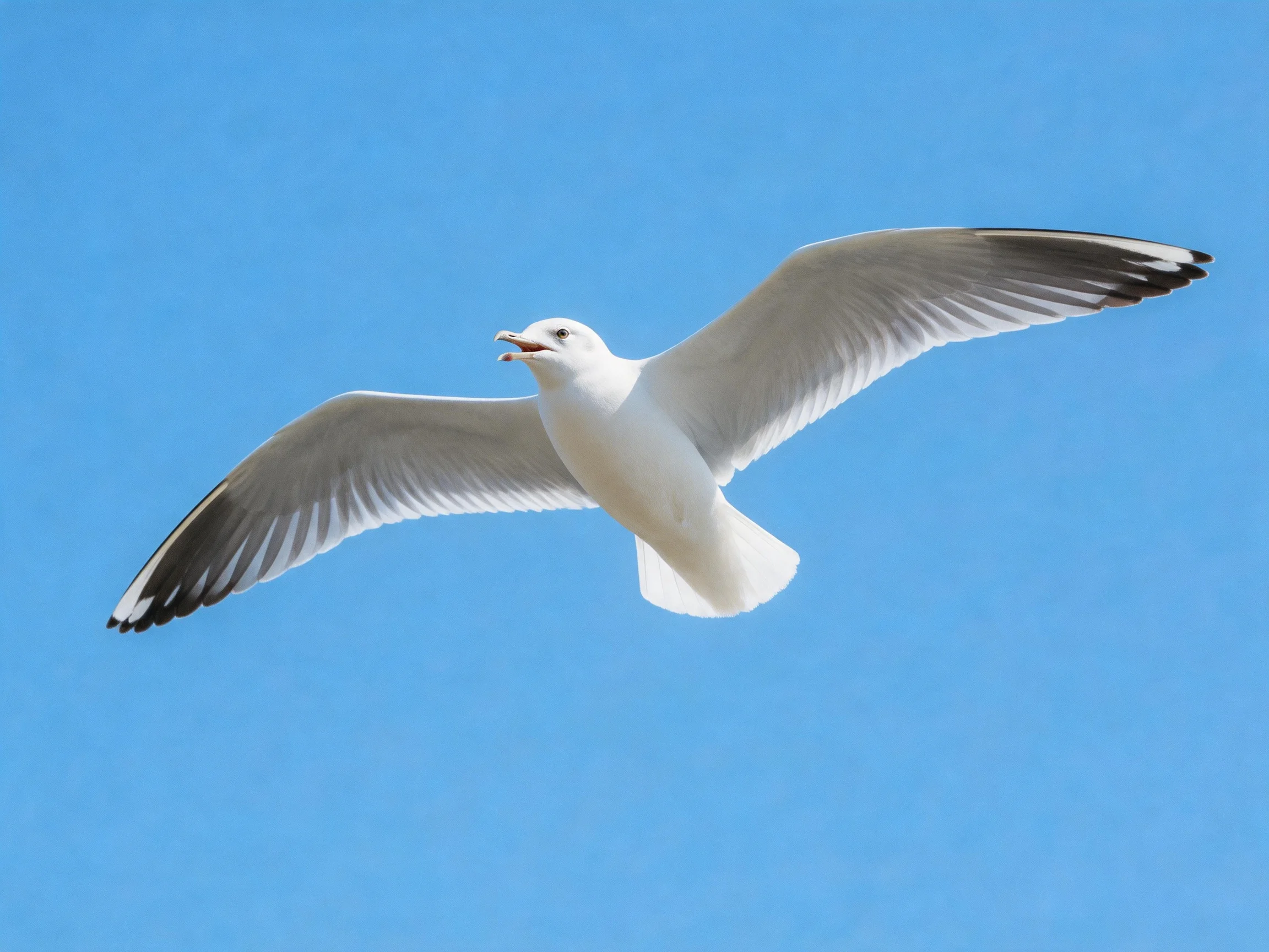 A white seagull soars with outstretched wings against clear blue sky