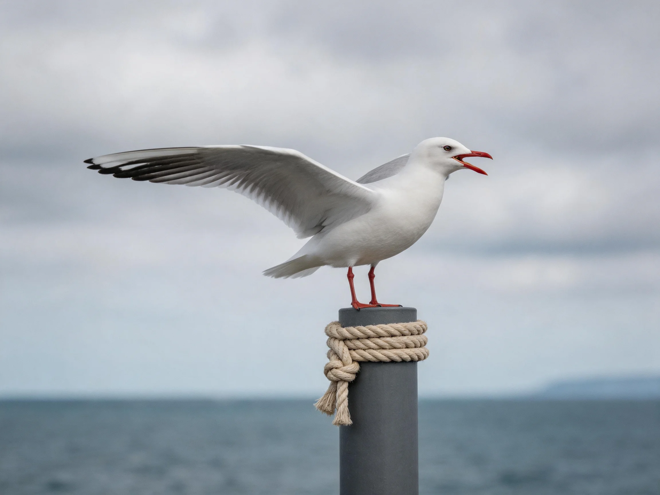 A white seagull spreads wing on a rope-wrapped post by the sea