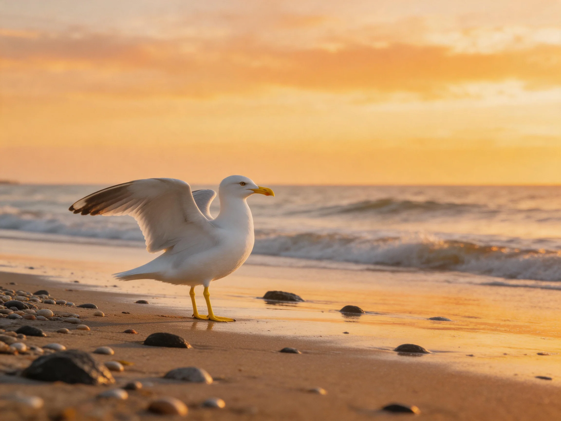A white seagull spreads wings on a rocky sandy beach at golden hour