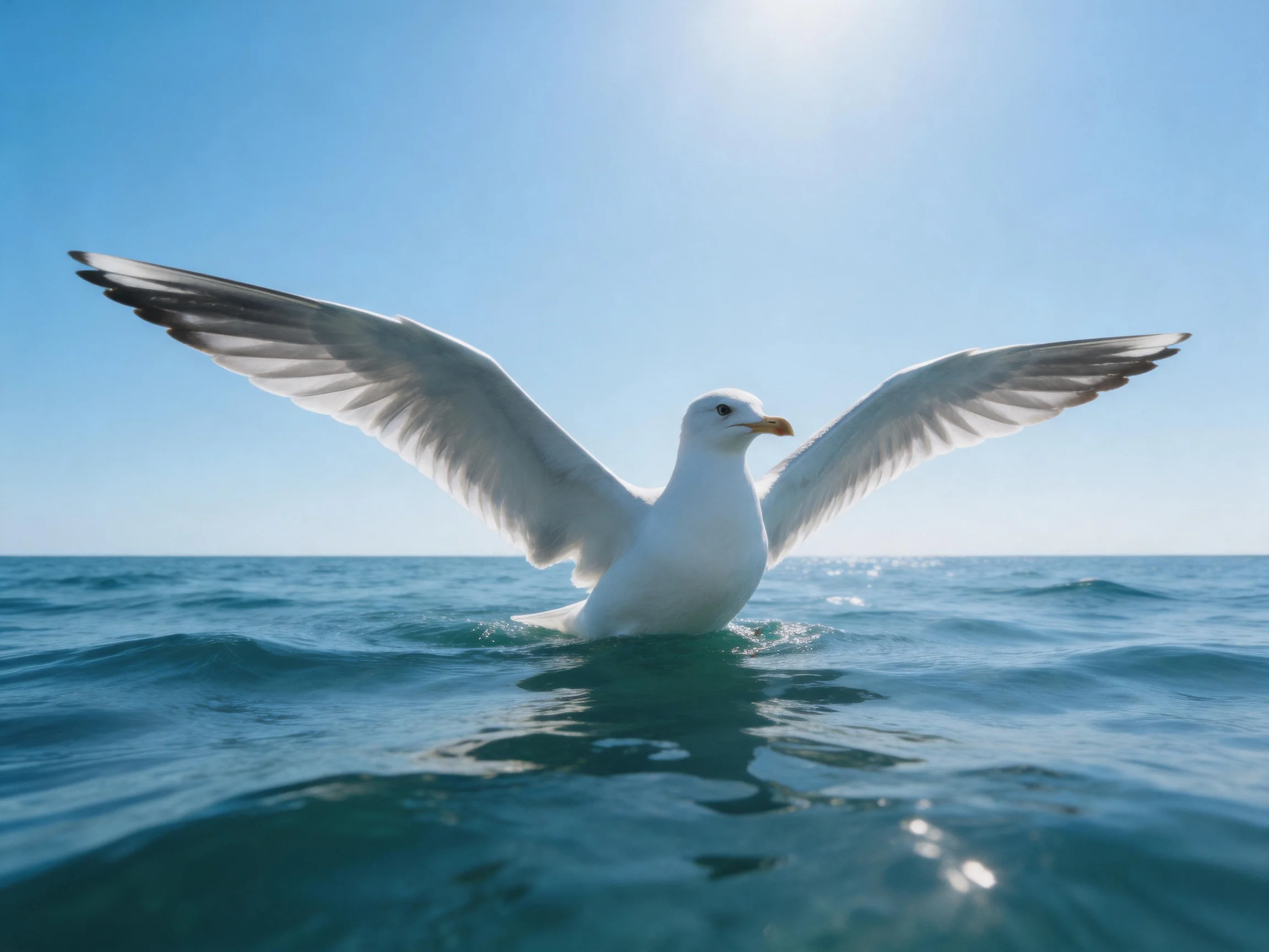 A white seagull spreads wings over calm blue ocean waters