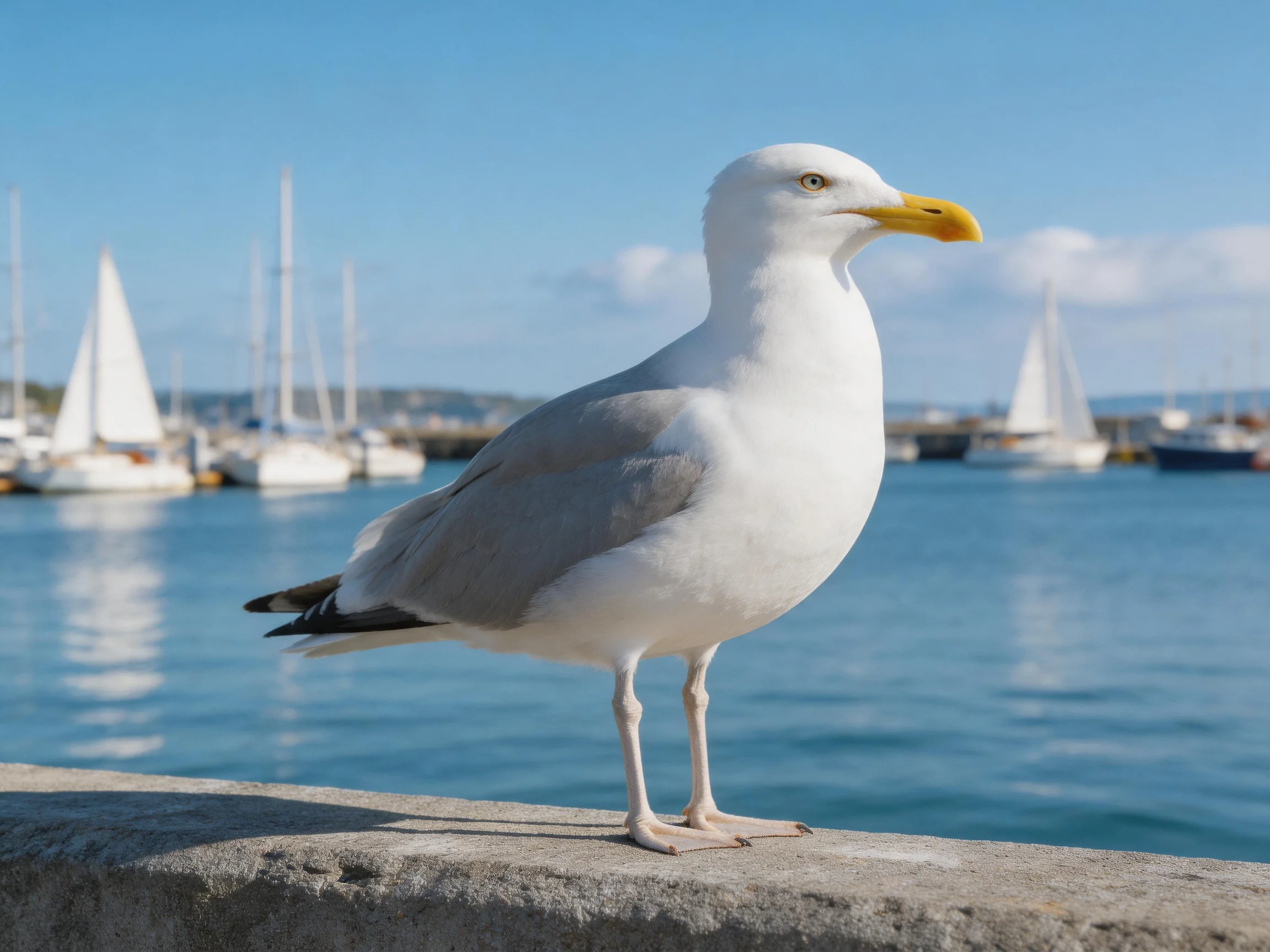 A white seagull stands on a concrete ledge by a marina with sailboats