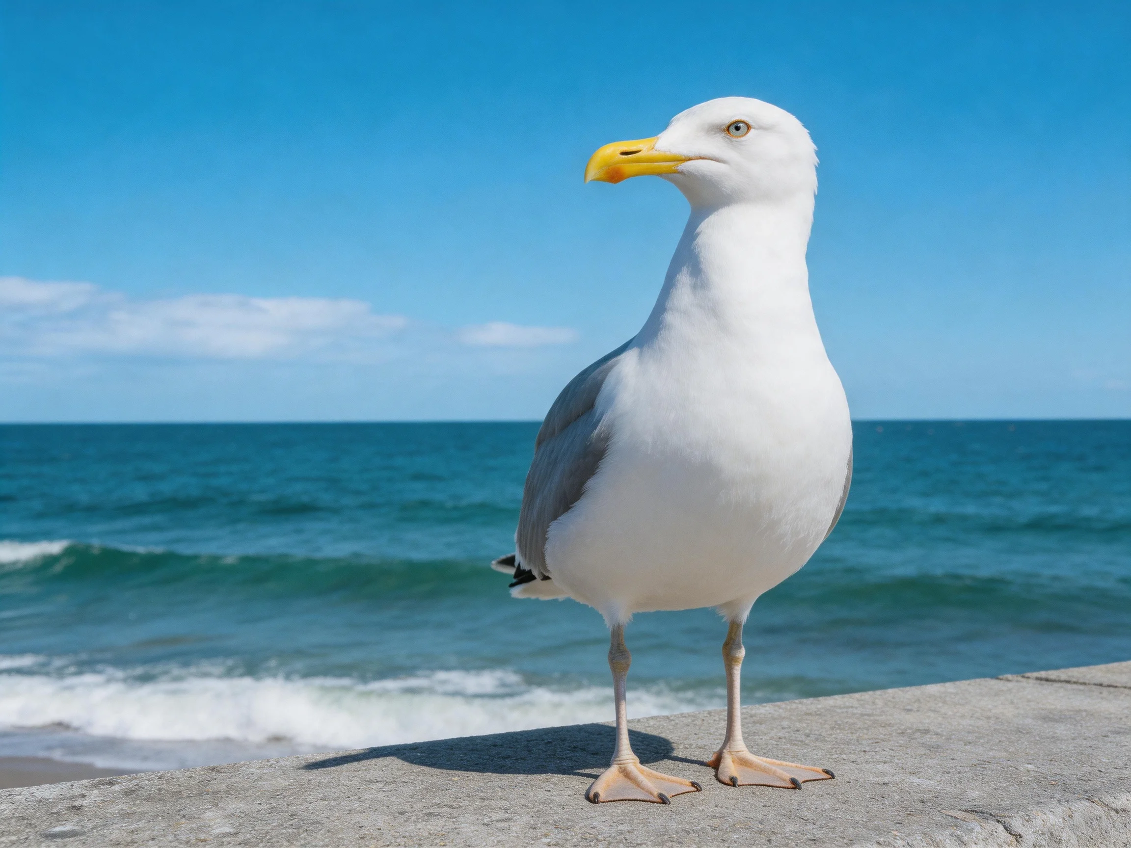 A white seagull stands on a concrete ledge by the blue ocean