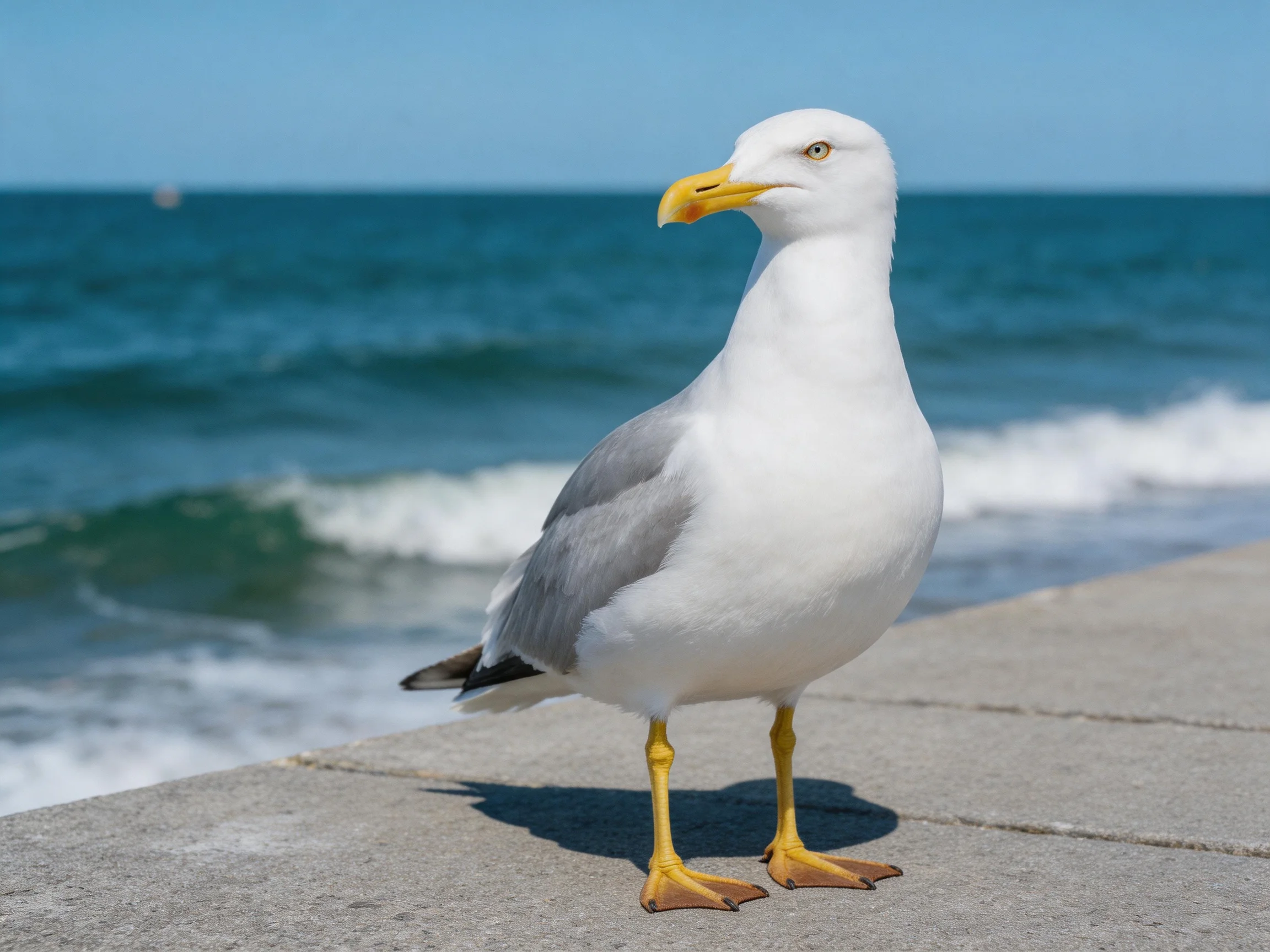 A white seagull stands on a concrete ledge by the blue sea