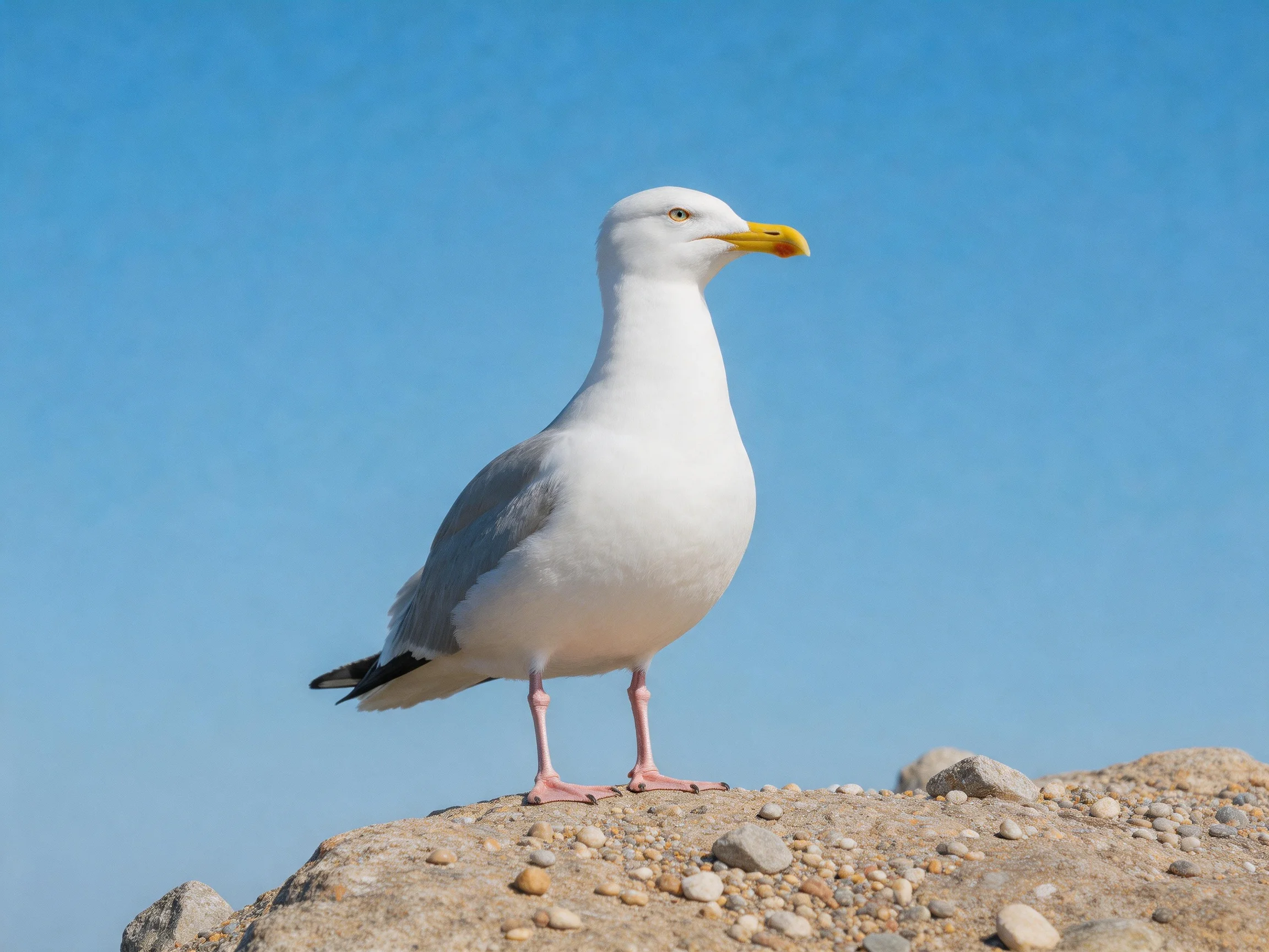 A white seagull stands on a rocky surface with clear blue sky