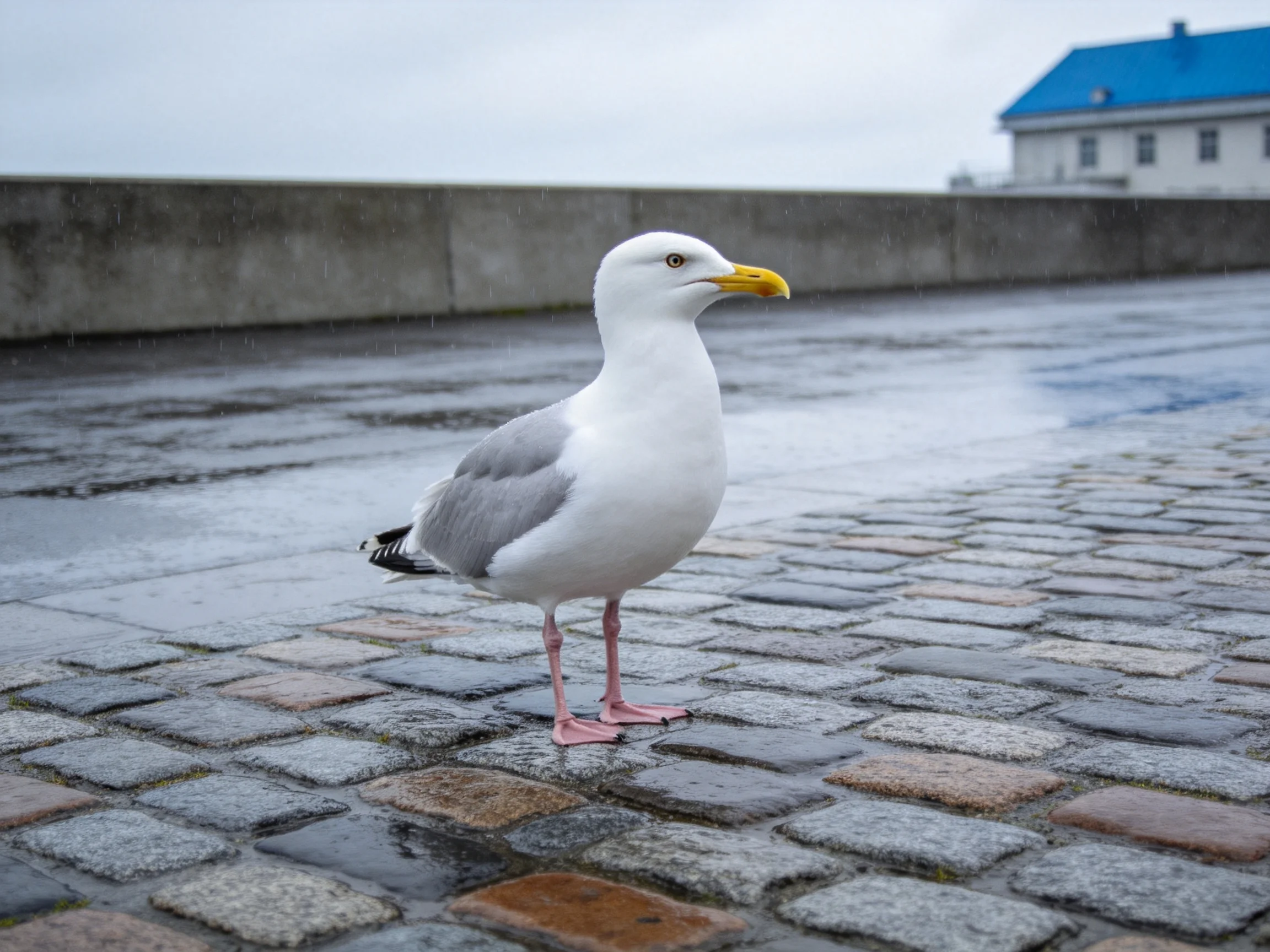 A white seagull stands on a wet cobblestone walkway near a blue-roofed building