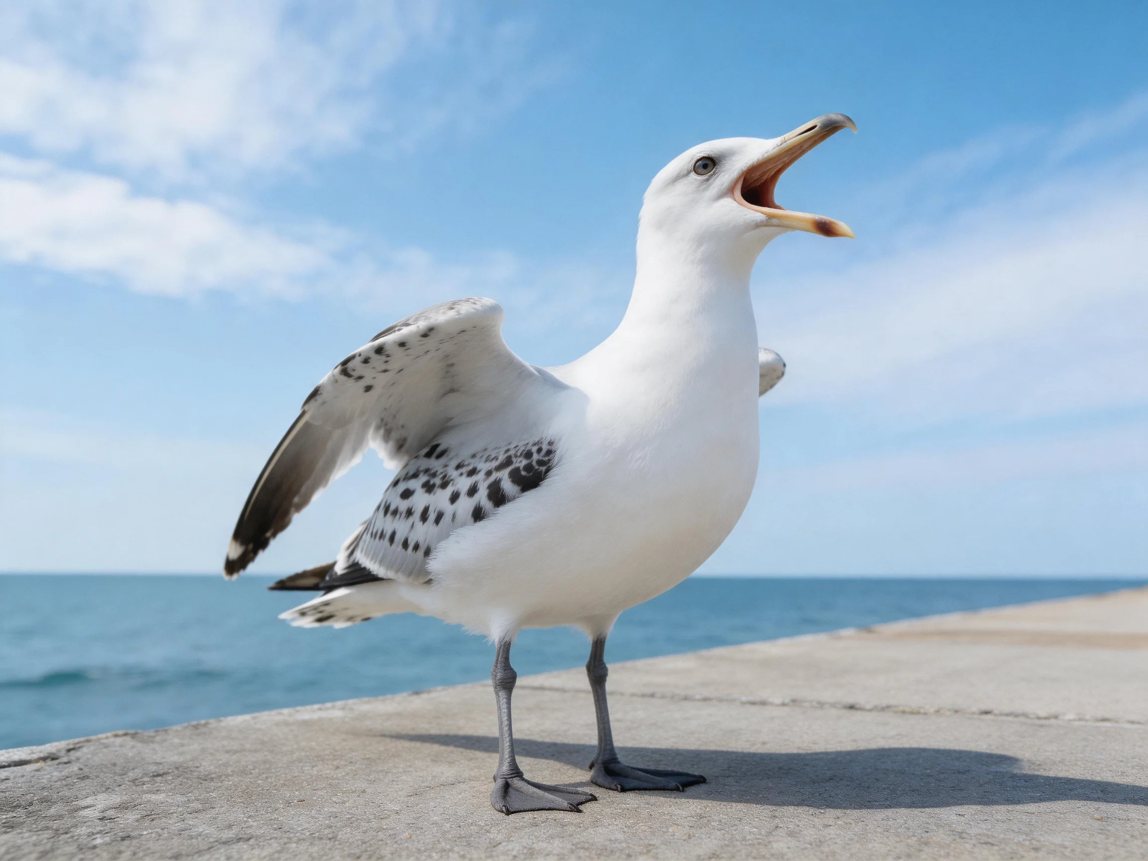 A white seagull with black-spotted wings stands on a concrete ledge by the ocean