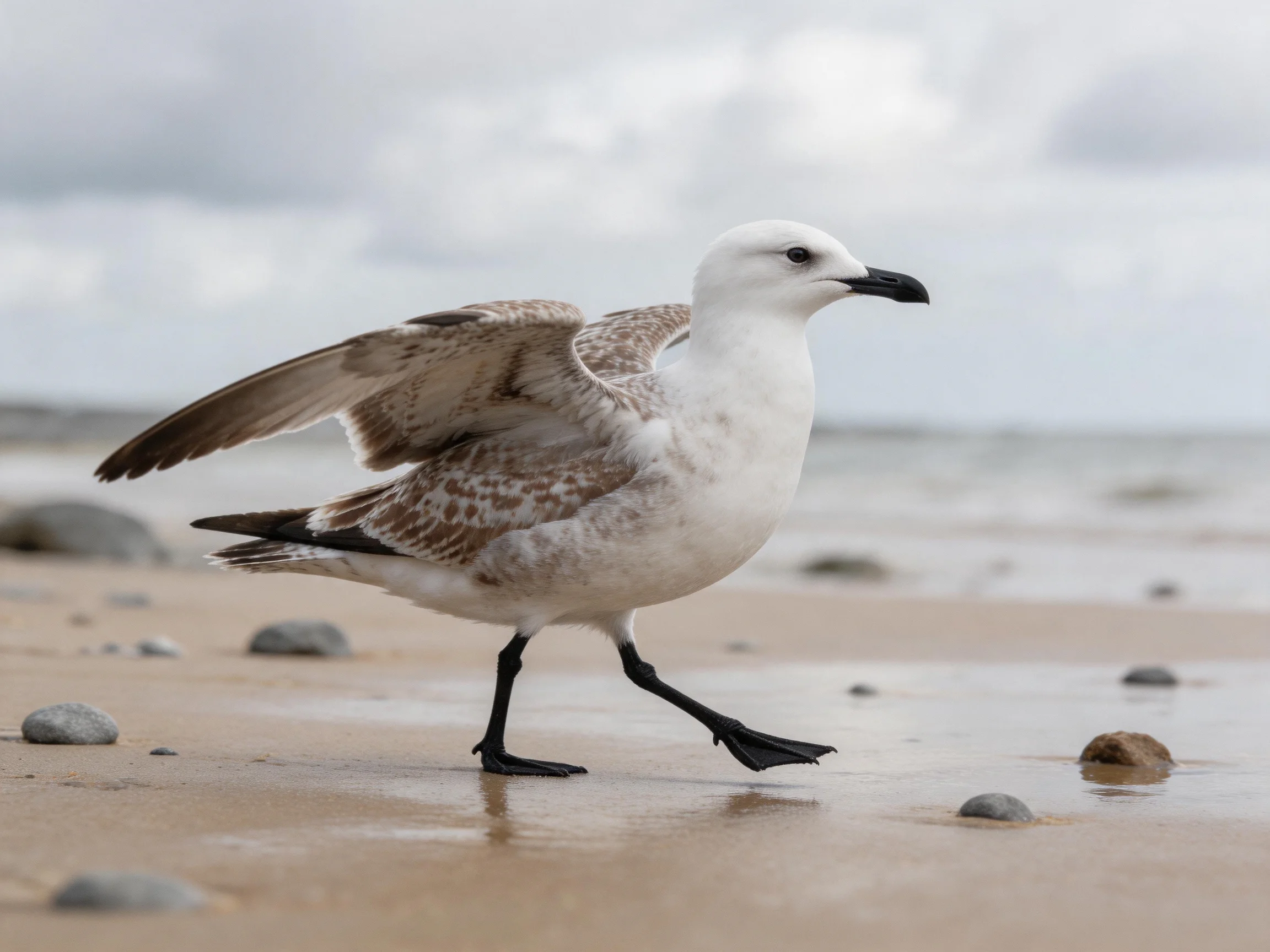 A white seagull with brown-speckled wings walks on a sandy shore