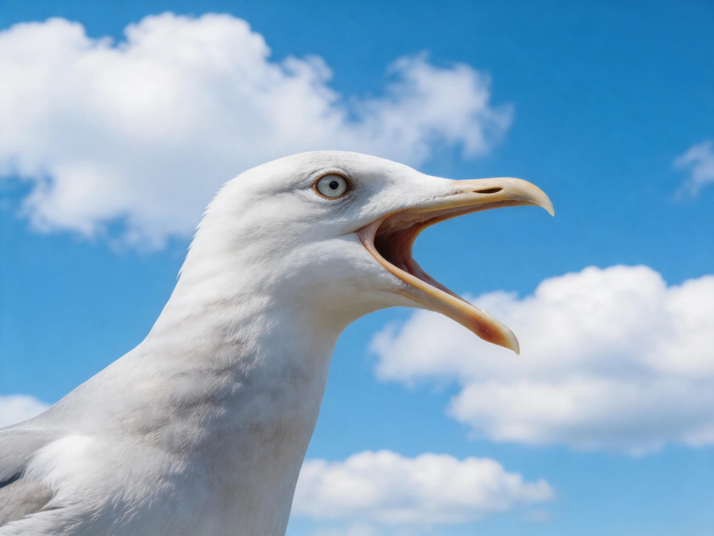 A white seagull with open beak in front of bright blue sky with clouds
