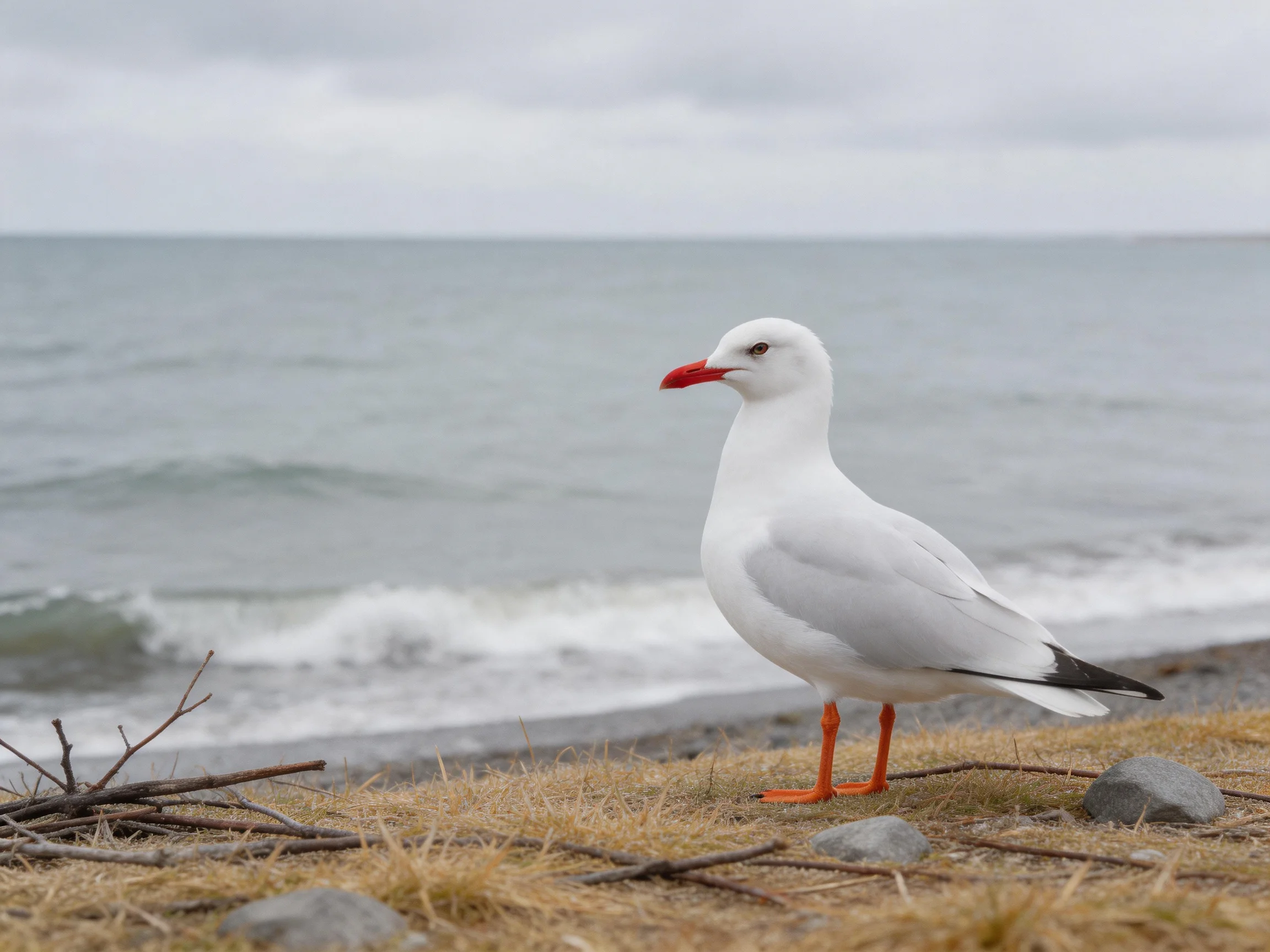 A white seagull with red beak on a coastal shore