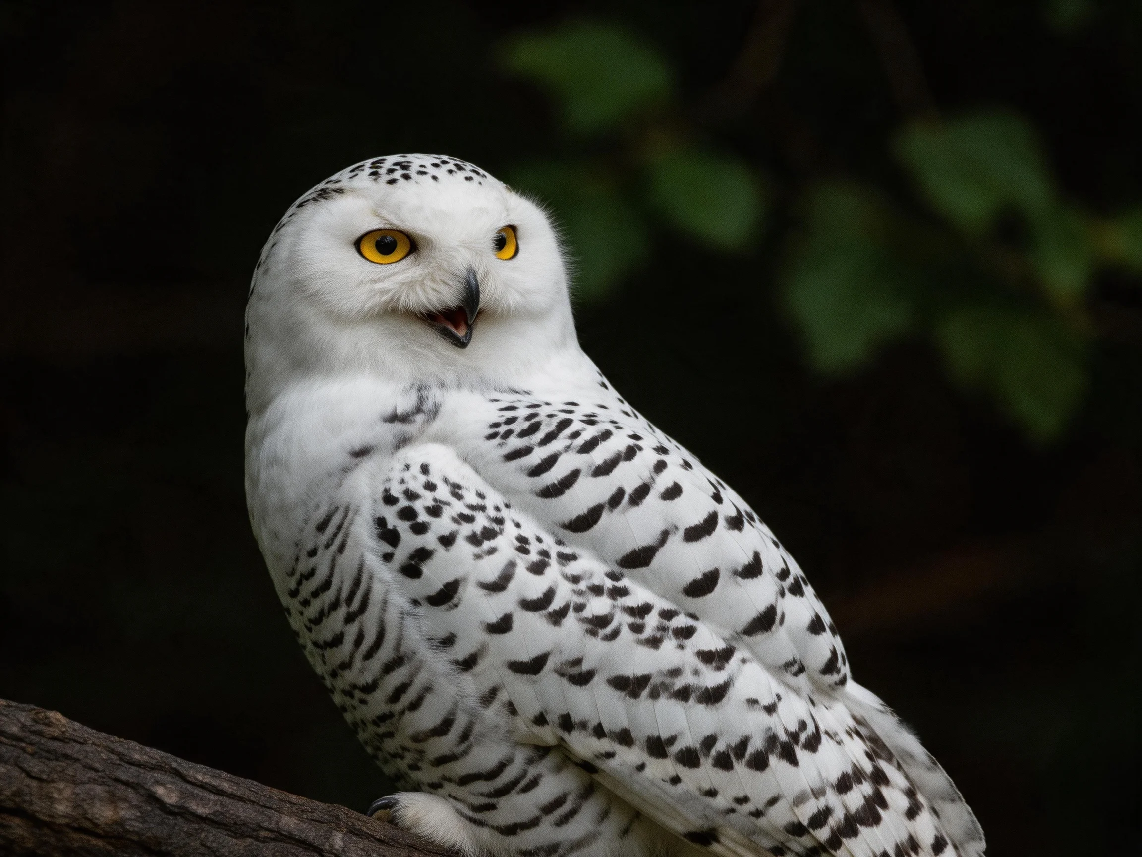 A white snowy owl perched on a dark wooden branch
