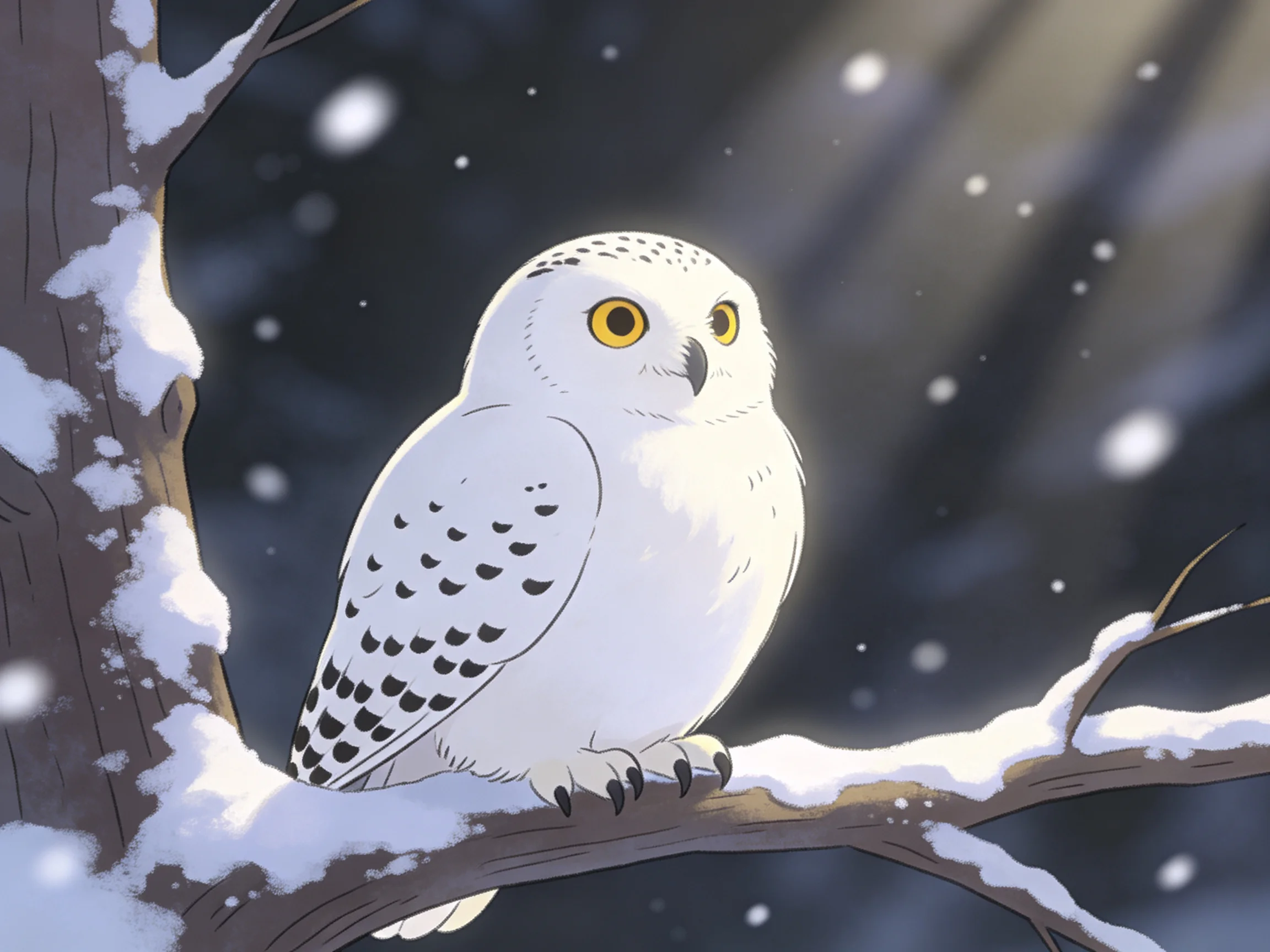 A white snowy owl perched on a snow-covered tree branch