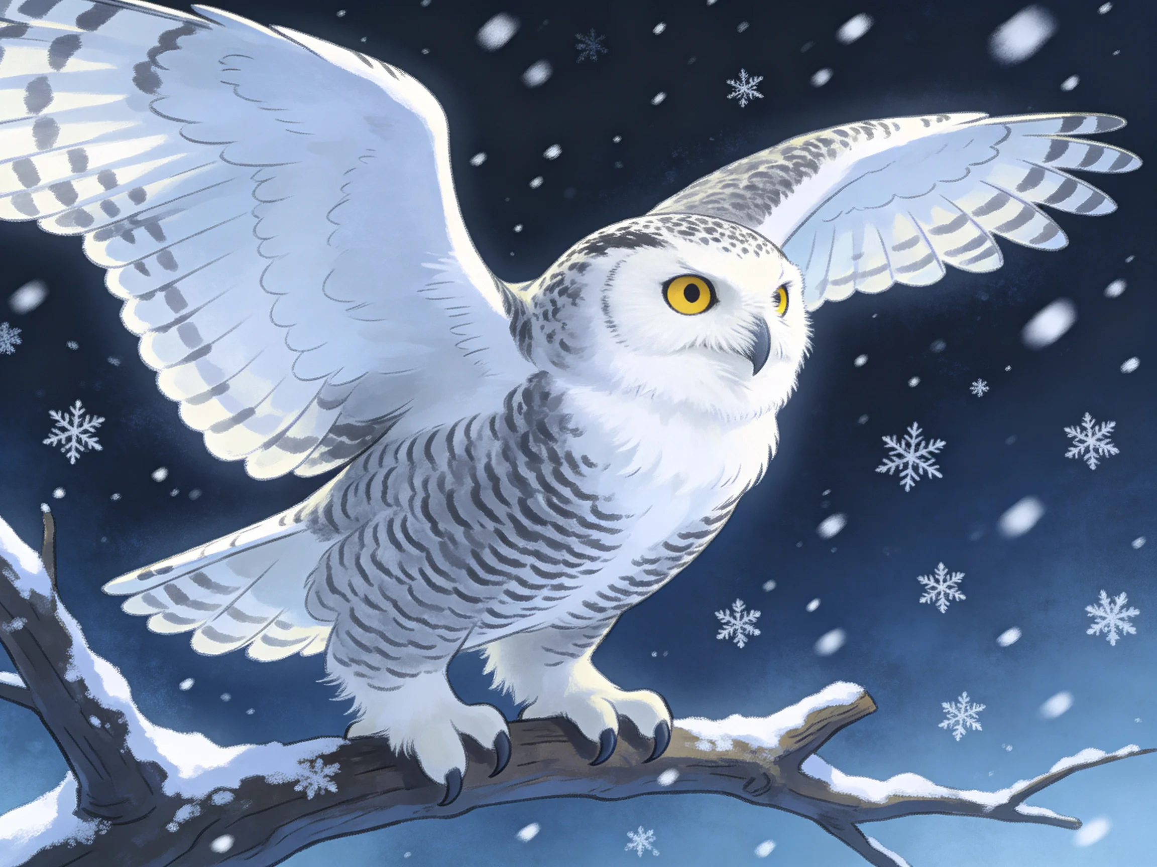 A white snowy owl spreads wings on a snow - laden branch amid falling snow