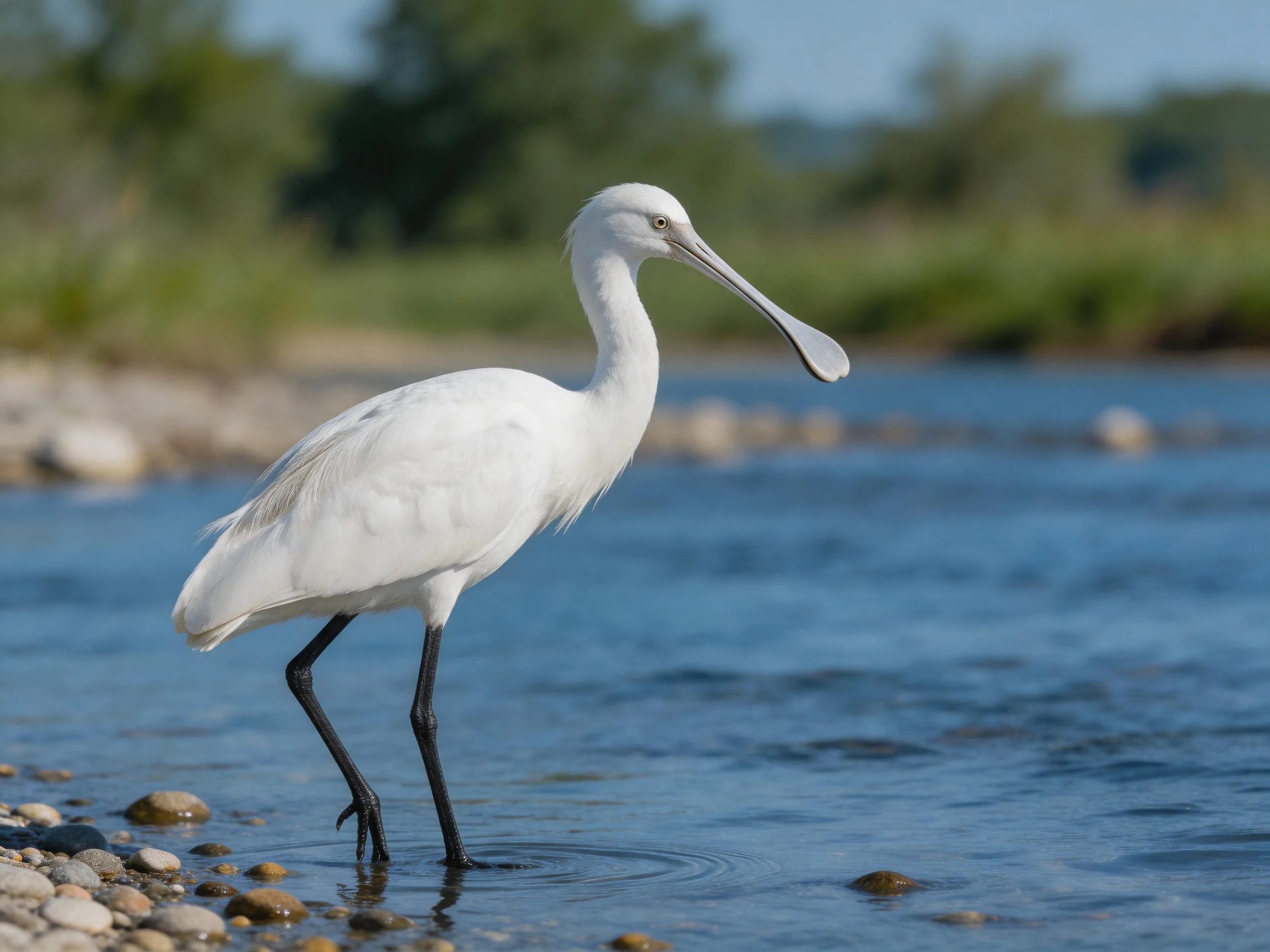 A white spoonbill wades in clear blue river water near rocky shores