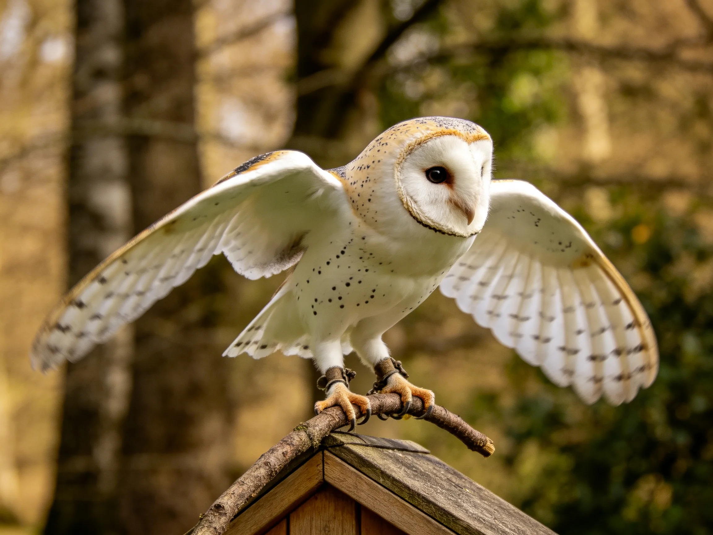 A white-spotted barn owl spreads wings on a wooden perch