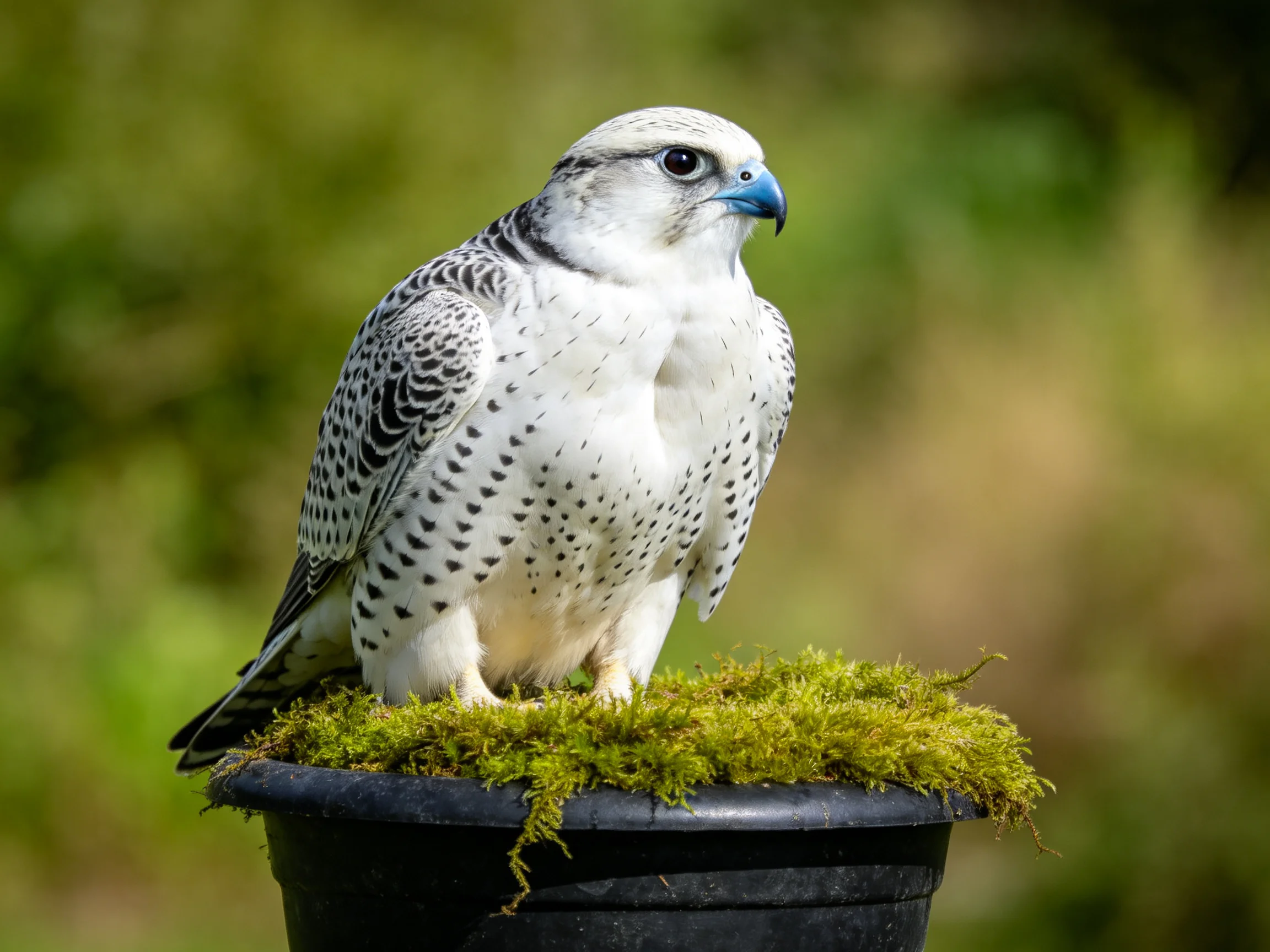 A white-spotted falcon perches on a mossy black container